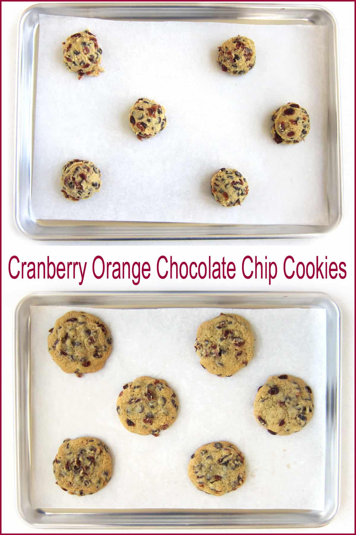 Bake cranberry orange chocolate chip cookies on parchment paper-lined cookie sheets.