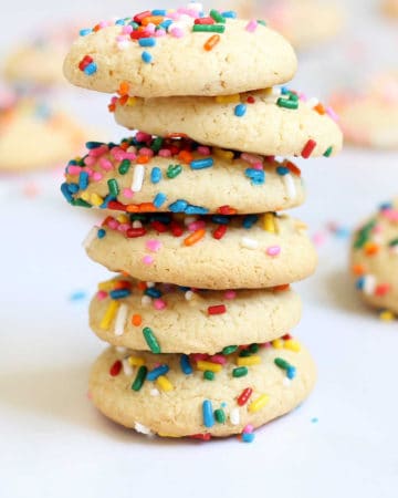 stack of 3-ingredient cake mix cookies with sprinkles