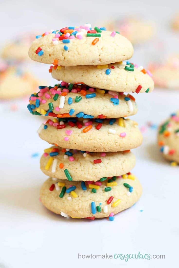 stack of 3-ingredient cake mix cookies with sprinkles