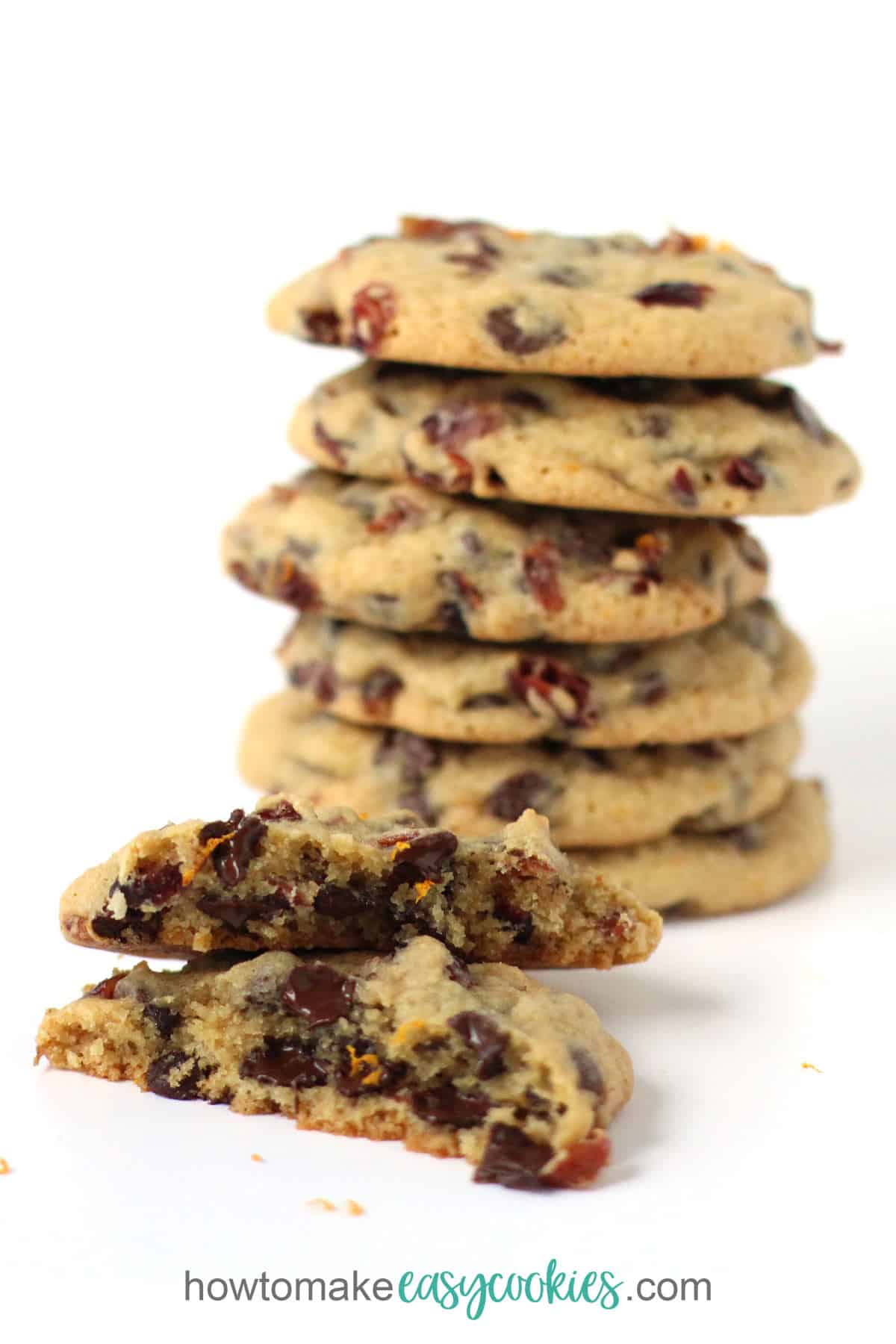 Chewy chocolate chip cranberry orange cookies made using corn syrup to keep them soft.