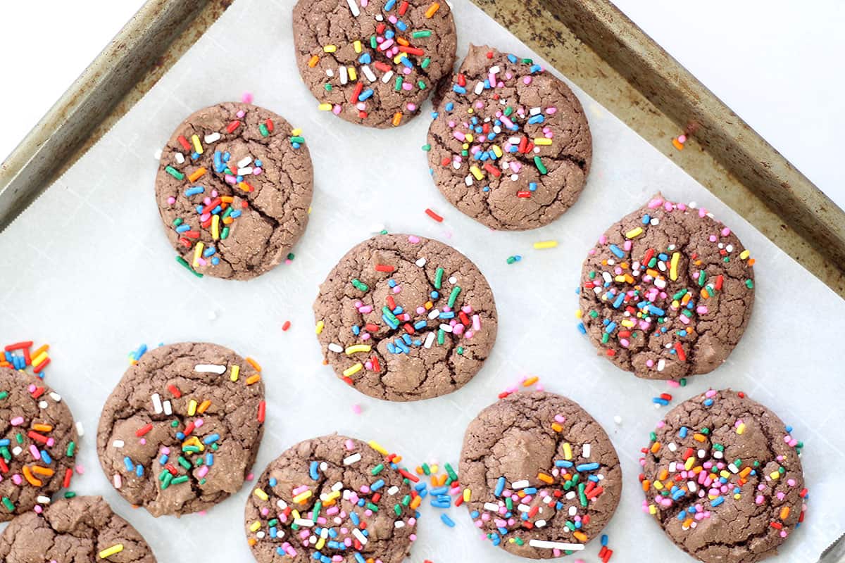 3-ingredient chocolate cake mix cookies with rainbow sprinkles