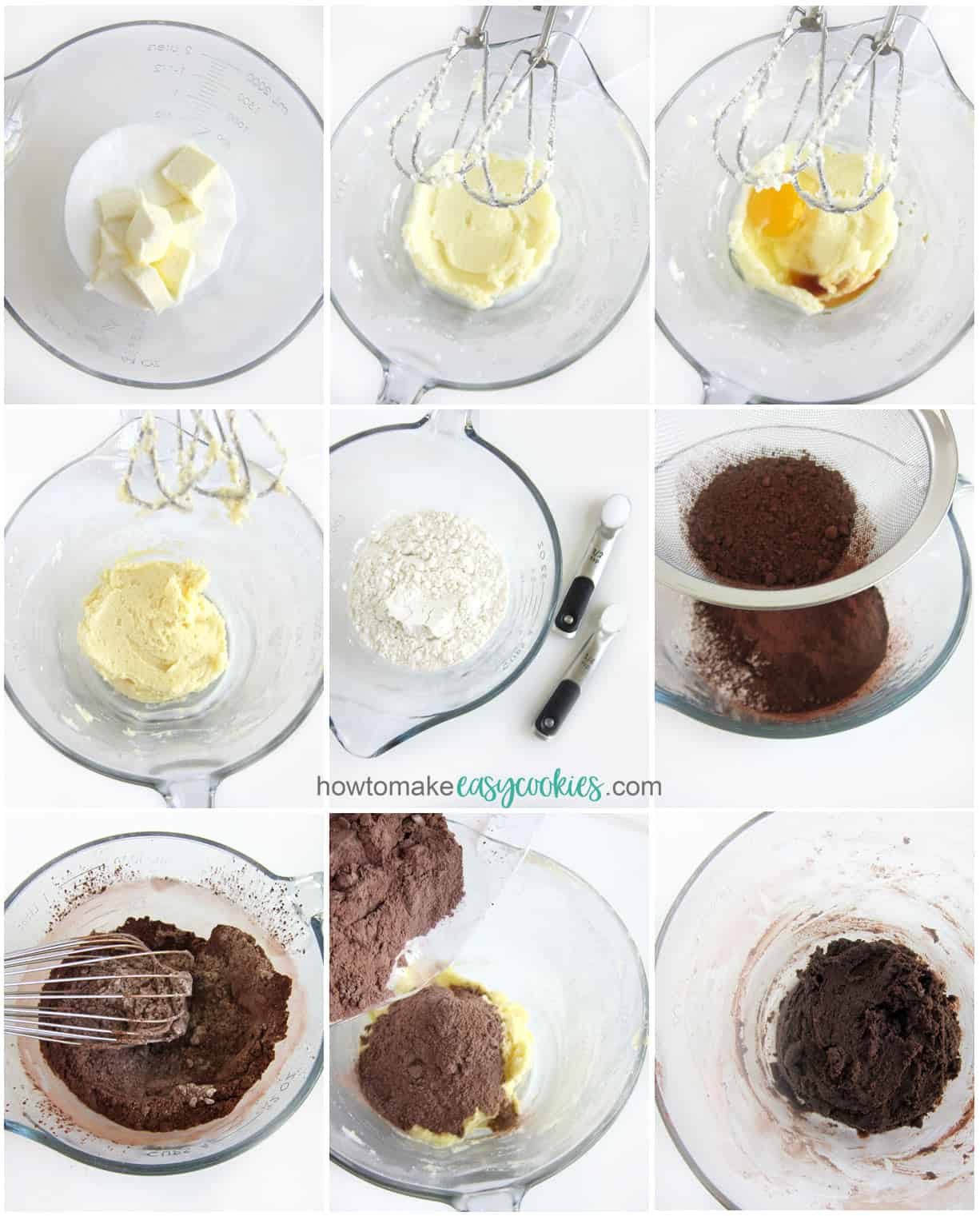 Mix butter, sugar, eggs, vanilla, flour, salt, baking powder, and cocoa powder to make chocolate cookie dough. 