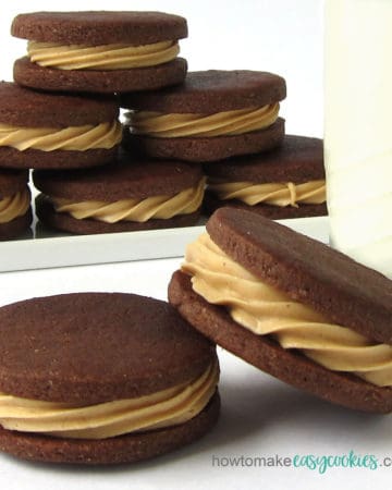 Chocolate sandwich cookies filled with peanut butter fudge.