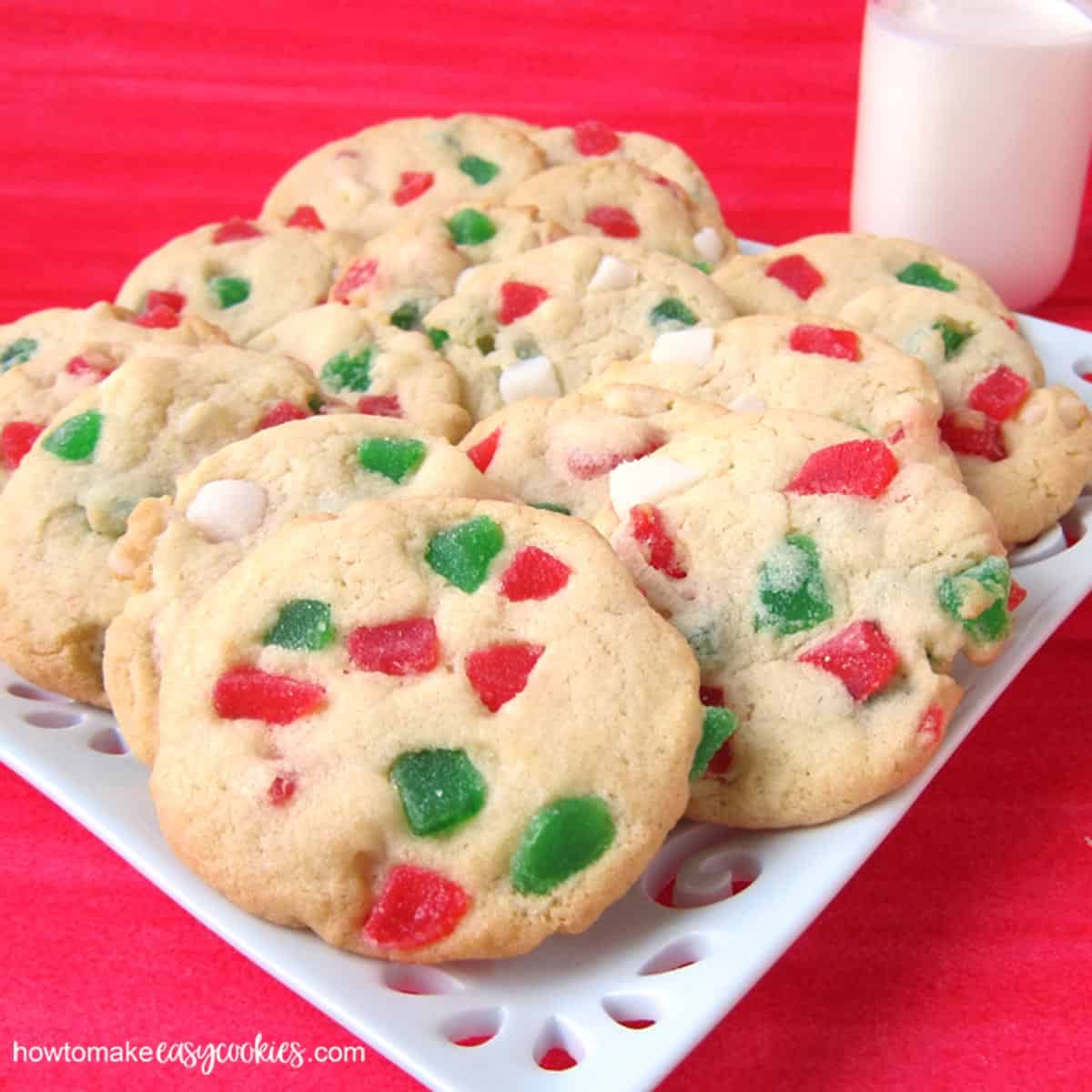 Red, white, and green gumdrop filled sugar cookies.