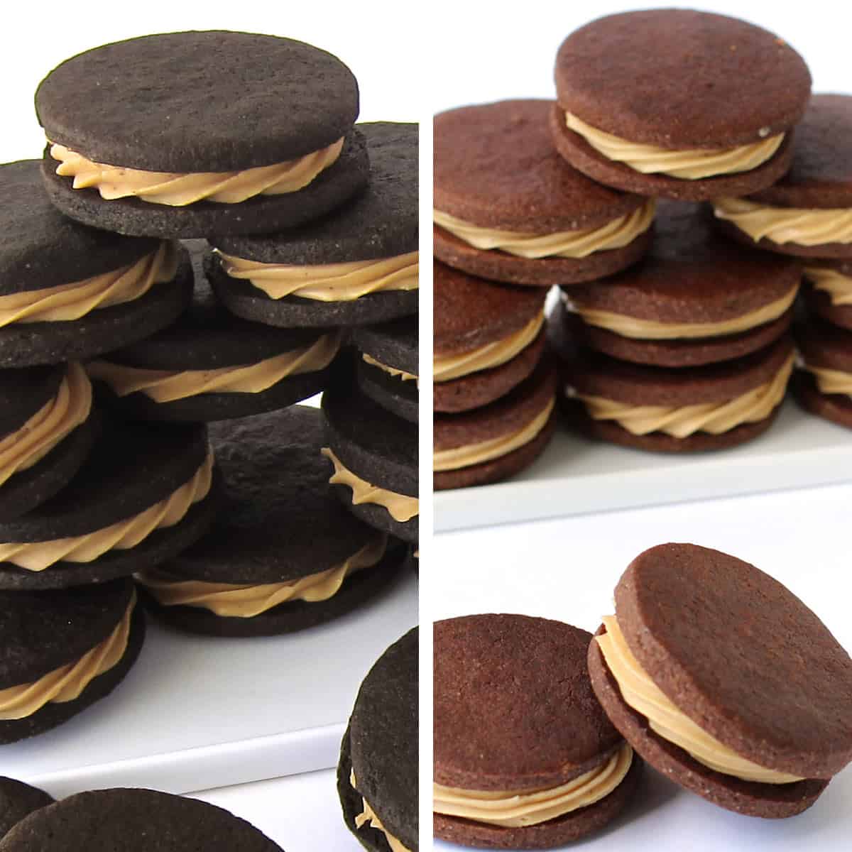 Chocolate sandwich cookies made using two different cocoa powders to create black cookies and brown cookies.