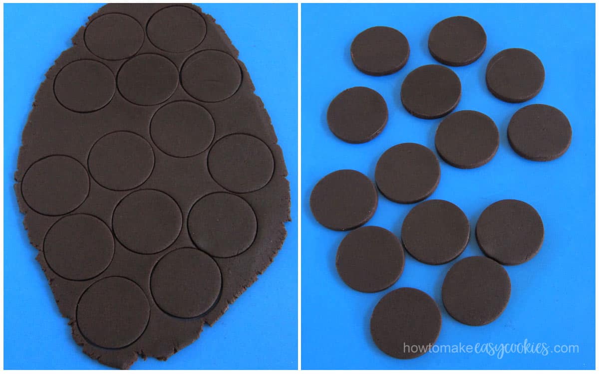 chocolate cookie dough cut out using round cookie cutters