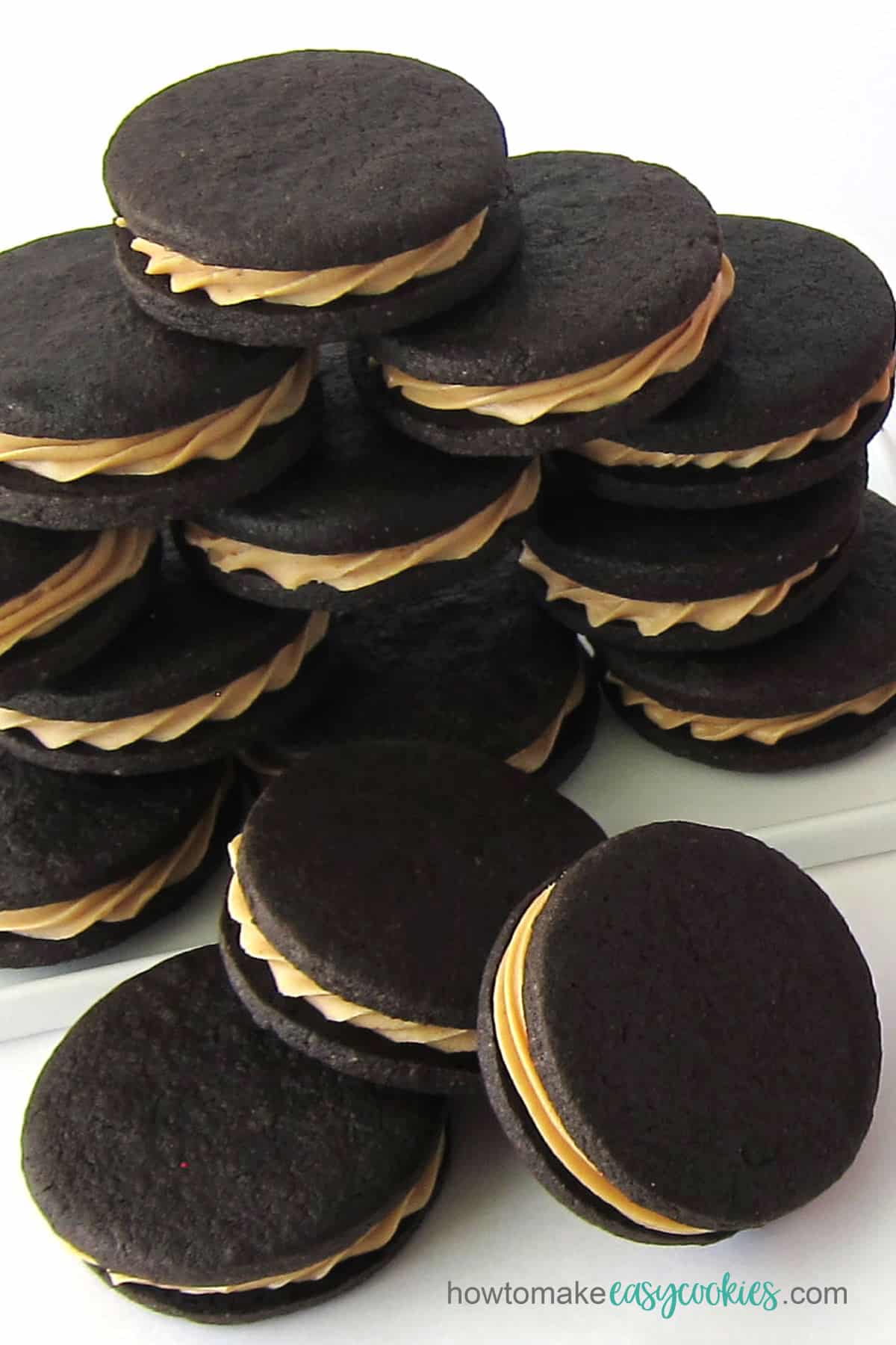 Dark chocolate cookies with peanut butter fudge filling inside.