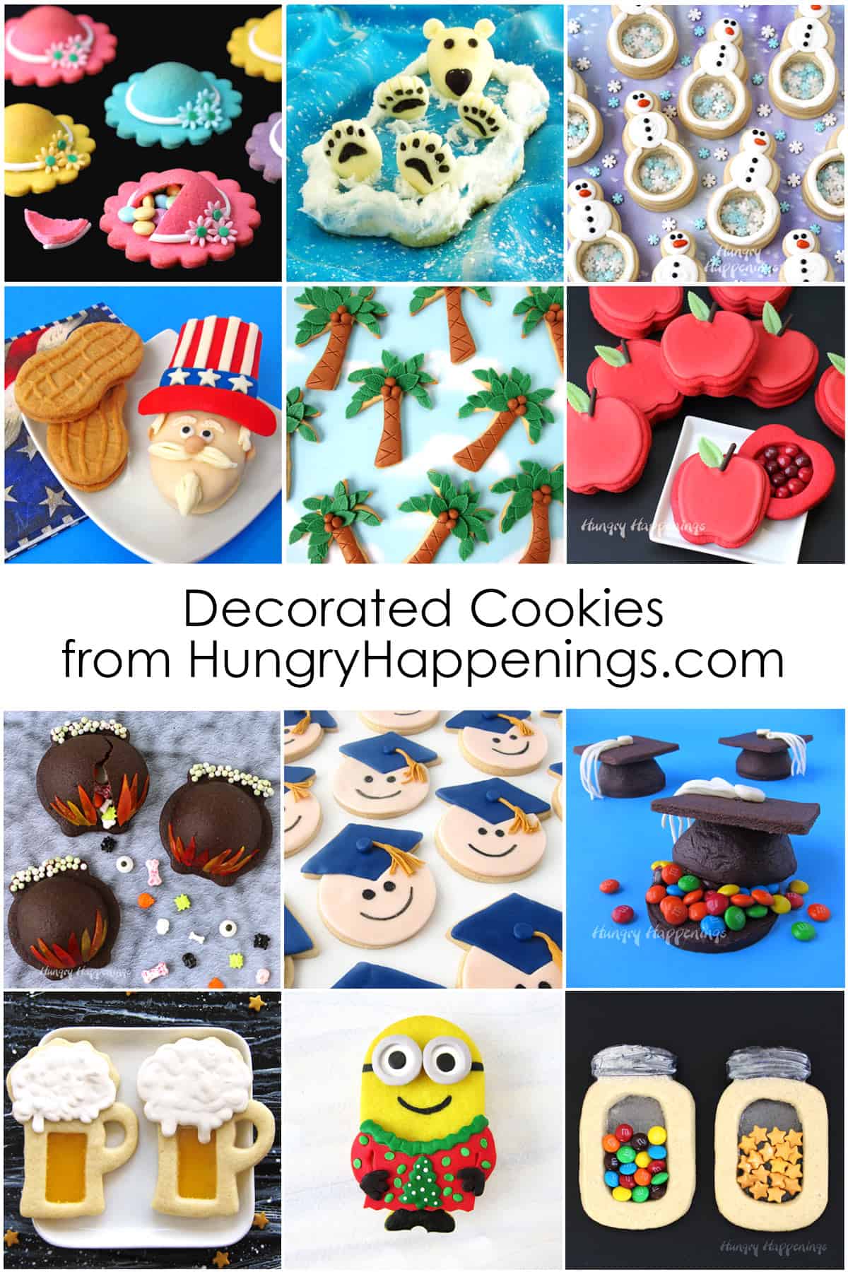 Decorated cookies from Hungry Happenings including Ladies Hat Cookies, Polar Bear Cookies, Snowman Cookies, Palm Tree Cookies, Graduation Cookies, Minion Cookies, and more.