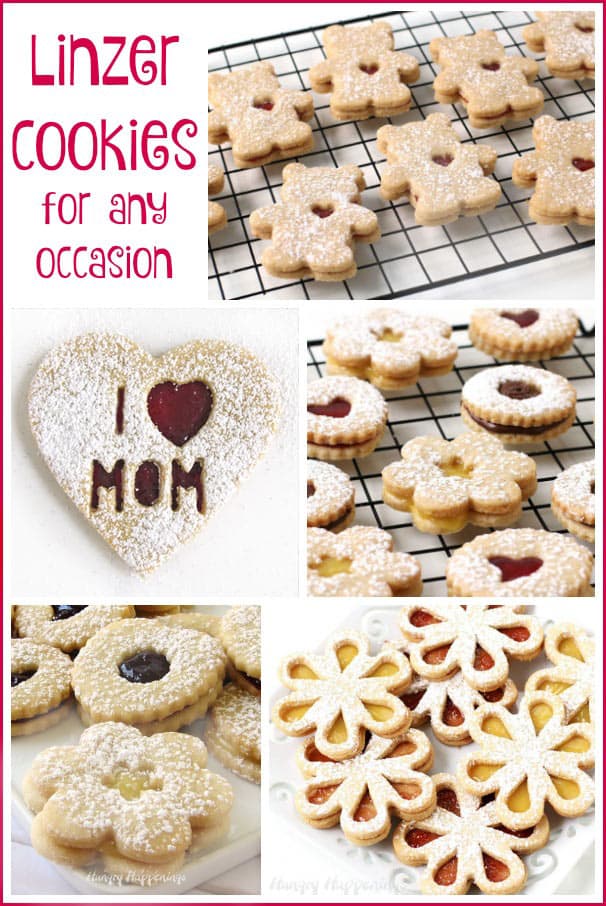 Linzer cookies cut into hearts, daisies, circles, and bears.