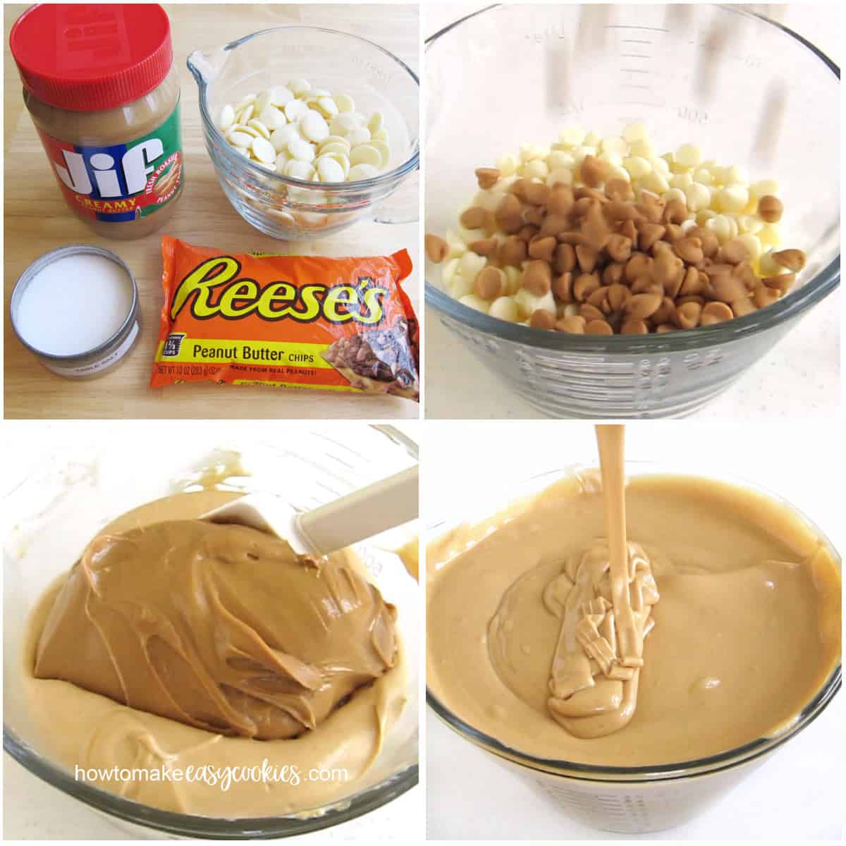 Melt peanut butter chips with white chips or white candy melts then stir in peanut butter and salt. 