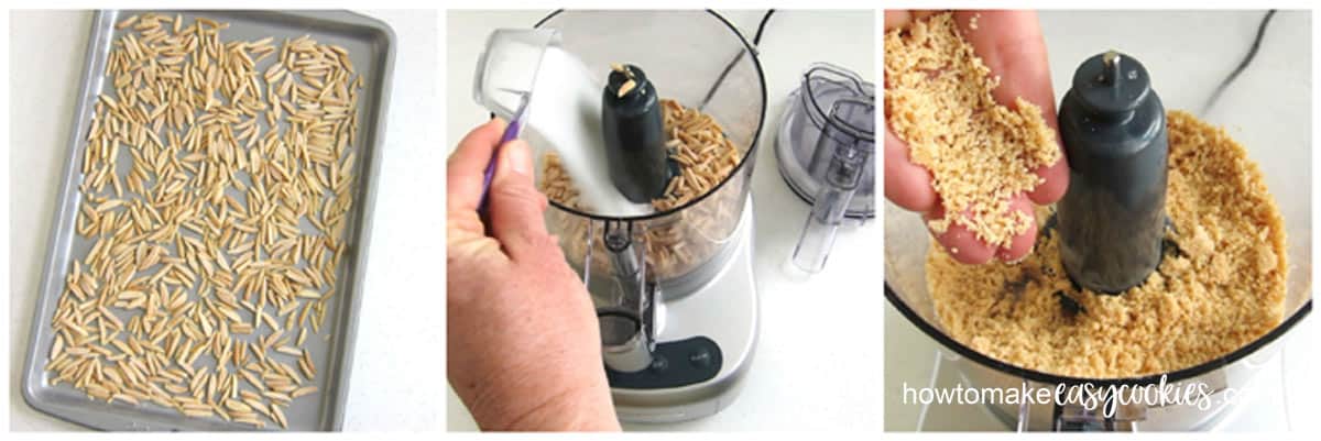 Toast almonds in the oven then grind them in the food processor.