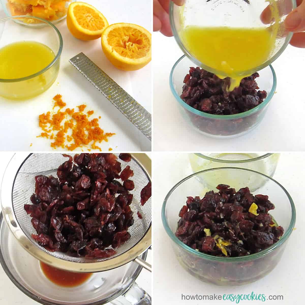 Make orange cranberries by soaking dried cranberries in orange juice.