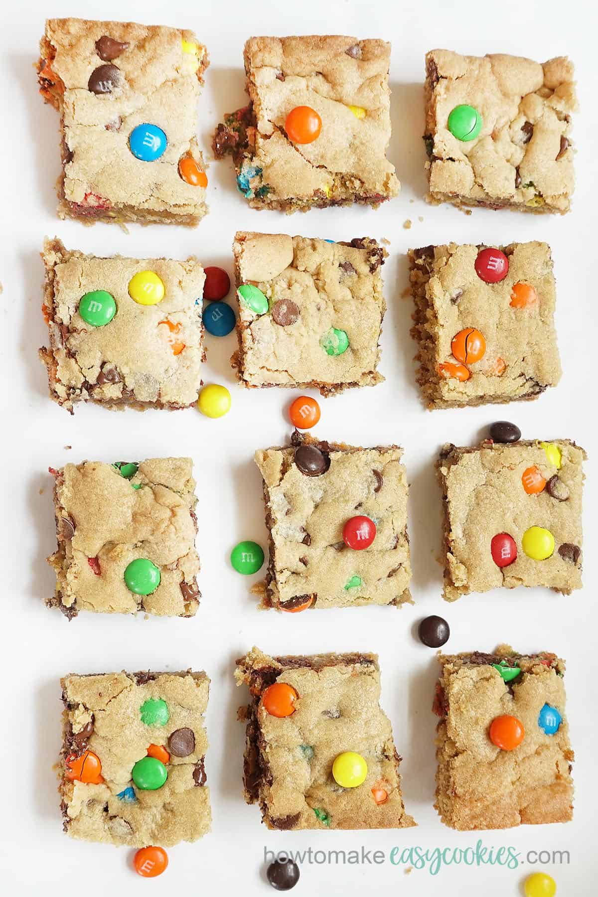 M&M cookie bars -- thick, delicious M and M bar cookies, an easy recipe 