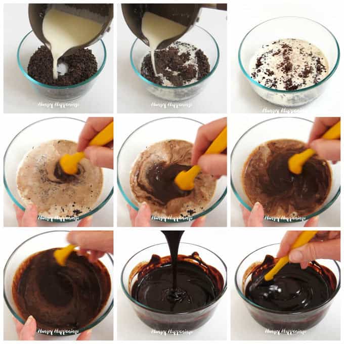 Pour hot heavy whipping cream over finely chopped chocolate to make chocolate ganache filling for peanut butter sandwich cookies.