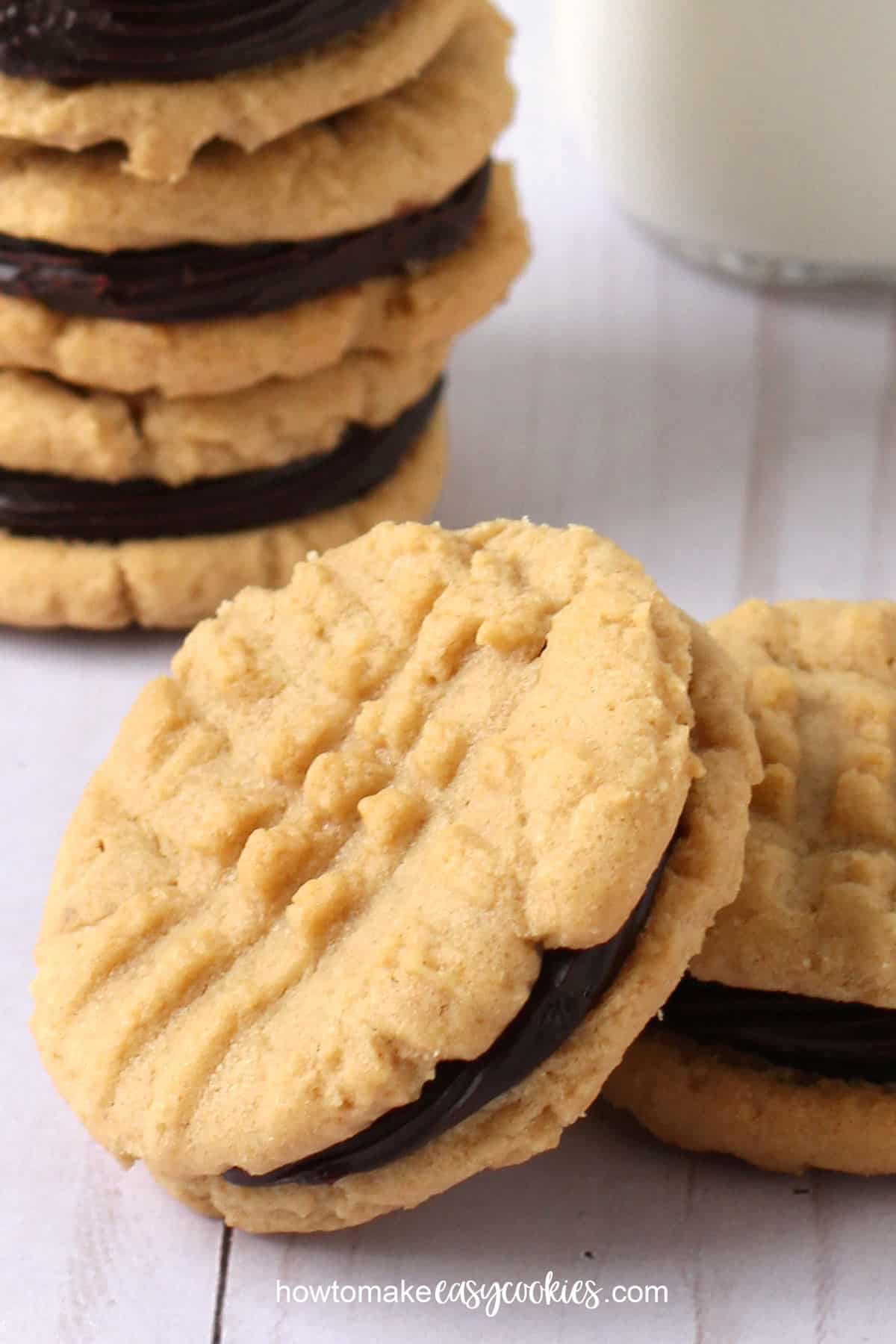 Peanut butter sandwich cookies filled with chocolate ganache.