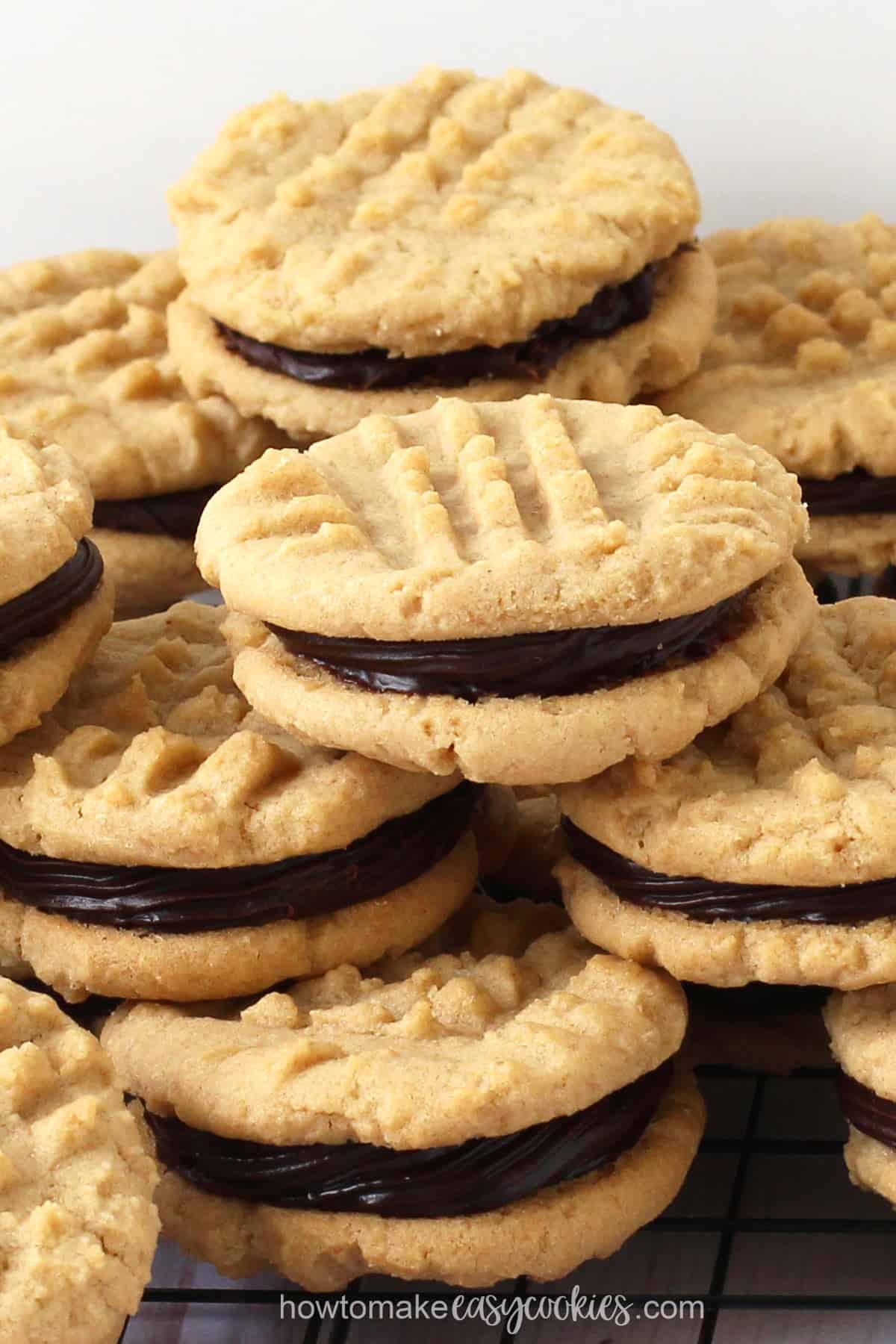 Peanut butter sandwich cookies filled with decadently rich and creamy chocolate ganache. 