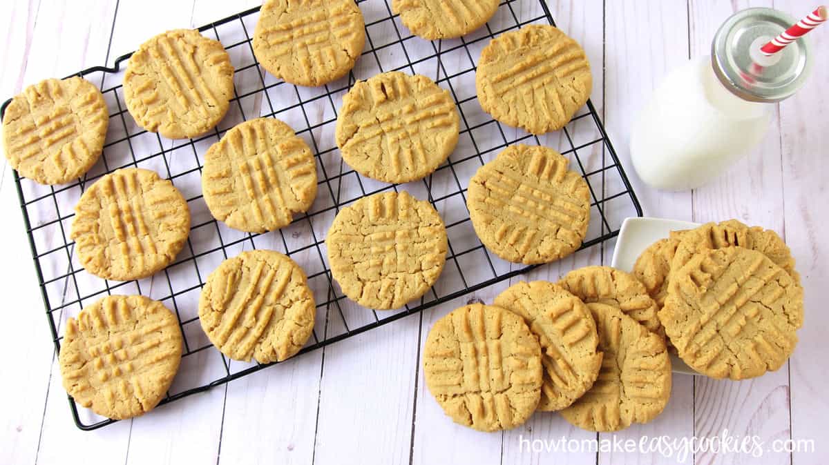 Soft and chewy peanut butter cookies cooling on a wire rack.