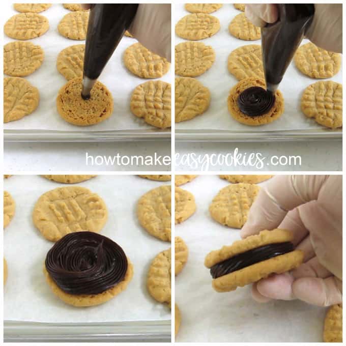 Pipe chocolate ganache onto peanut butter cookies then sandwich them together.