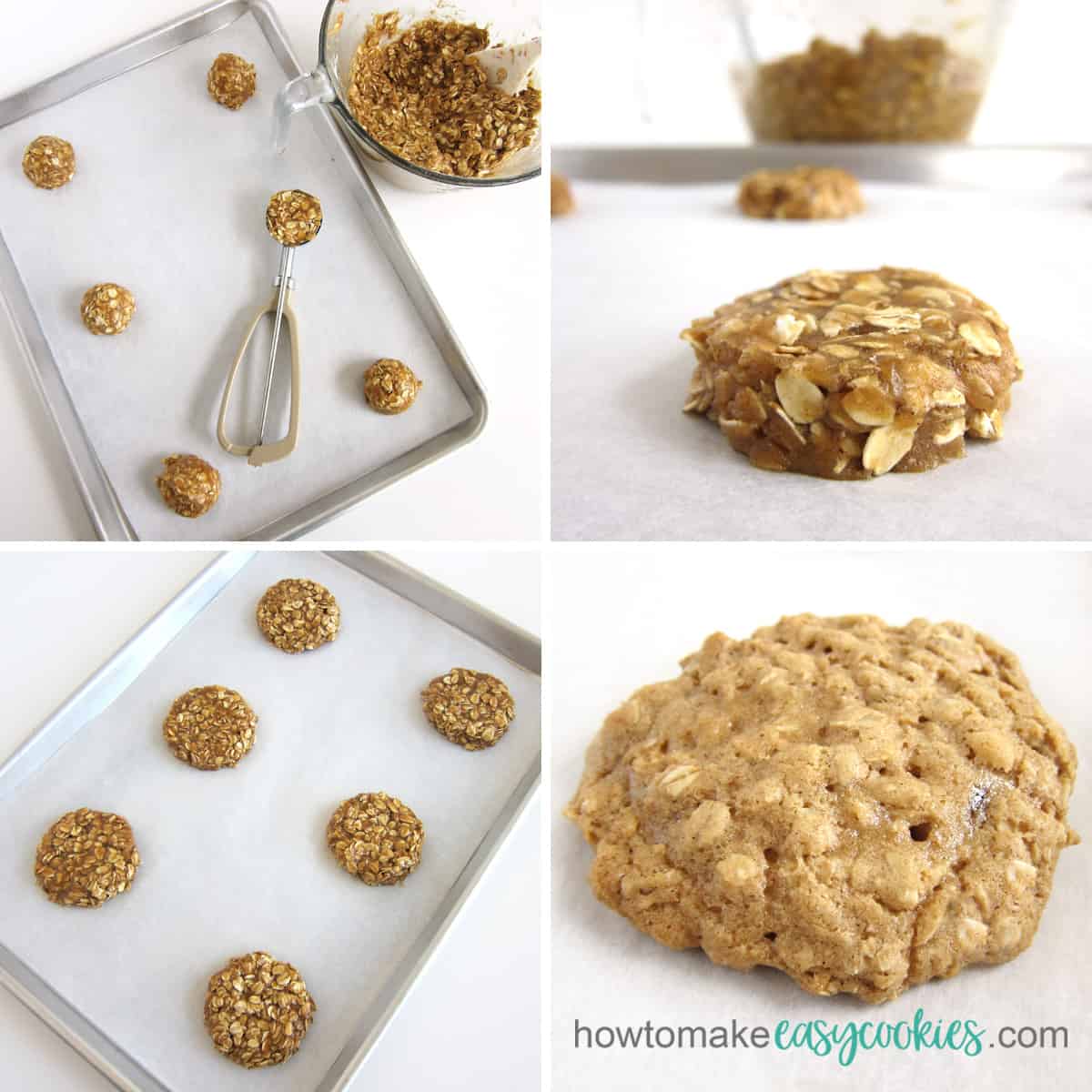 Scoop oatmeal cookie dough onto a cookie sheet, then flatten it out, and bake.