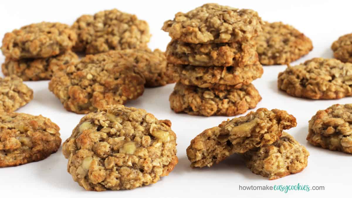 chewy oatmeal banana cookies with chunks of bananas, old-fashion rolled oats, flour, brown sugar, granulated sugar, eggs, and more