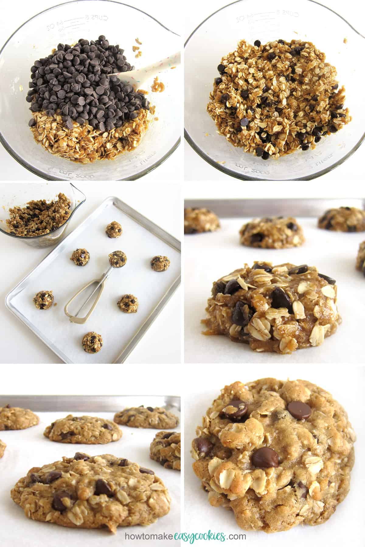 mix chocolate chips into oatmeal cookie dough, then scoop balls onto cookie sheet, flatten, and bake