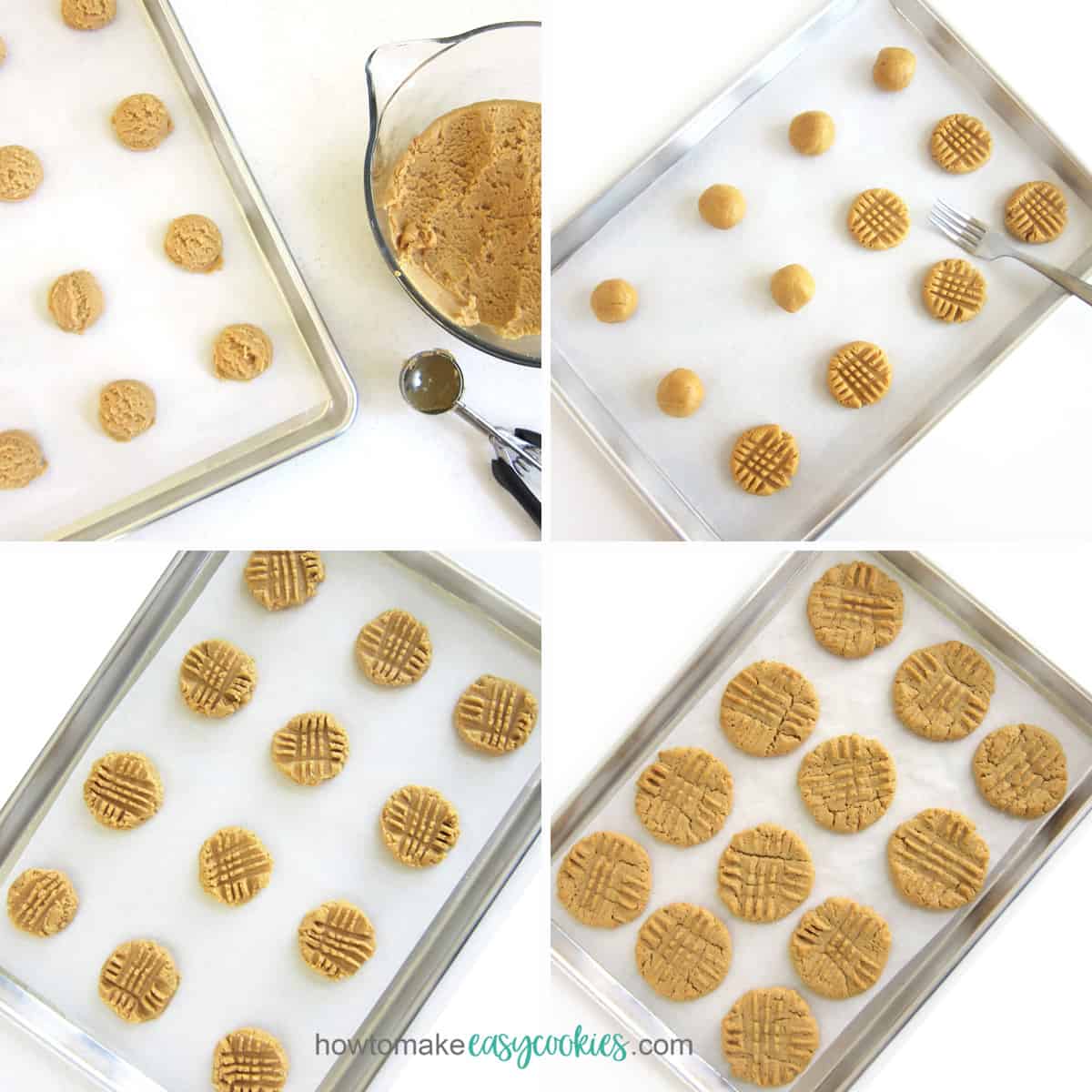 scoop peanut butter cookie dough, then flatten with fork, and bake