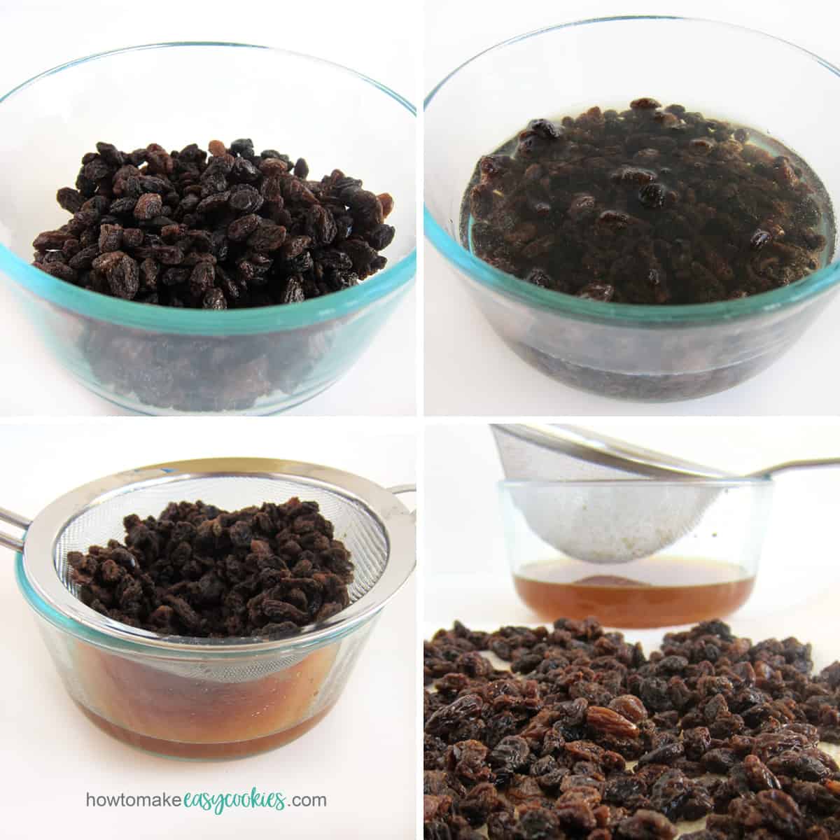 Soften raisins by soaking the raisins in hot water, then drain off the liquid.