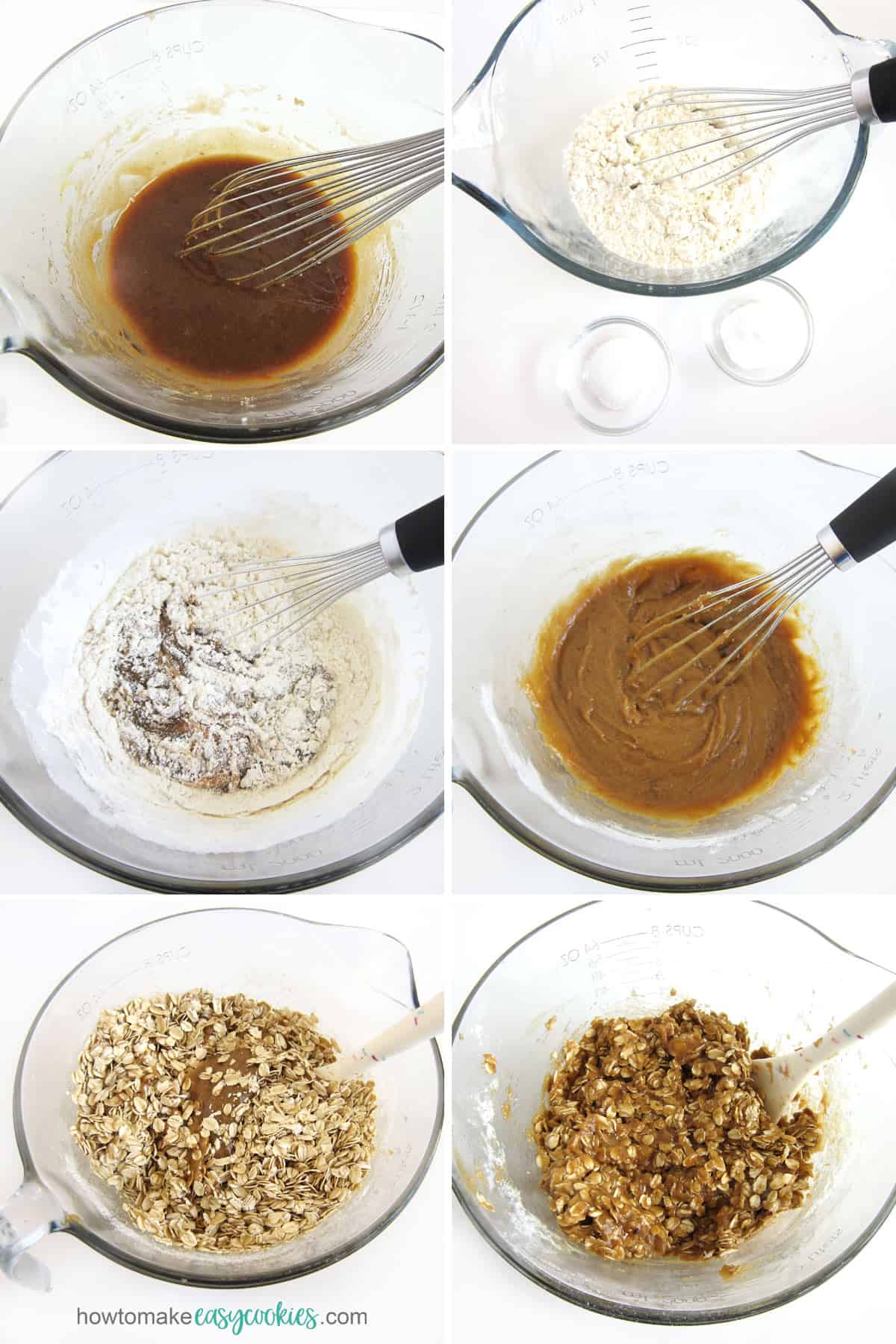 Make oatmeal cookie dough by mixing flour, baking soda, salt, and oats, into the wet ingredients.
