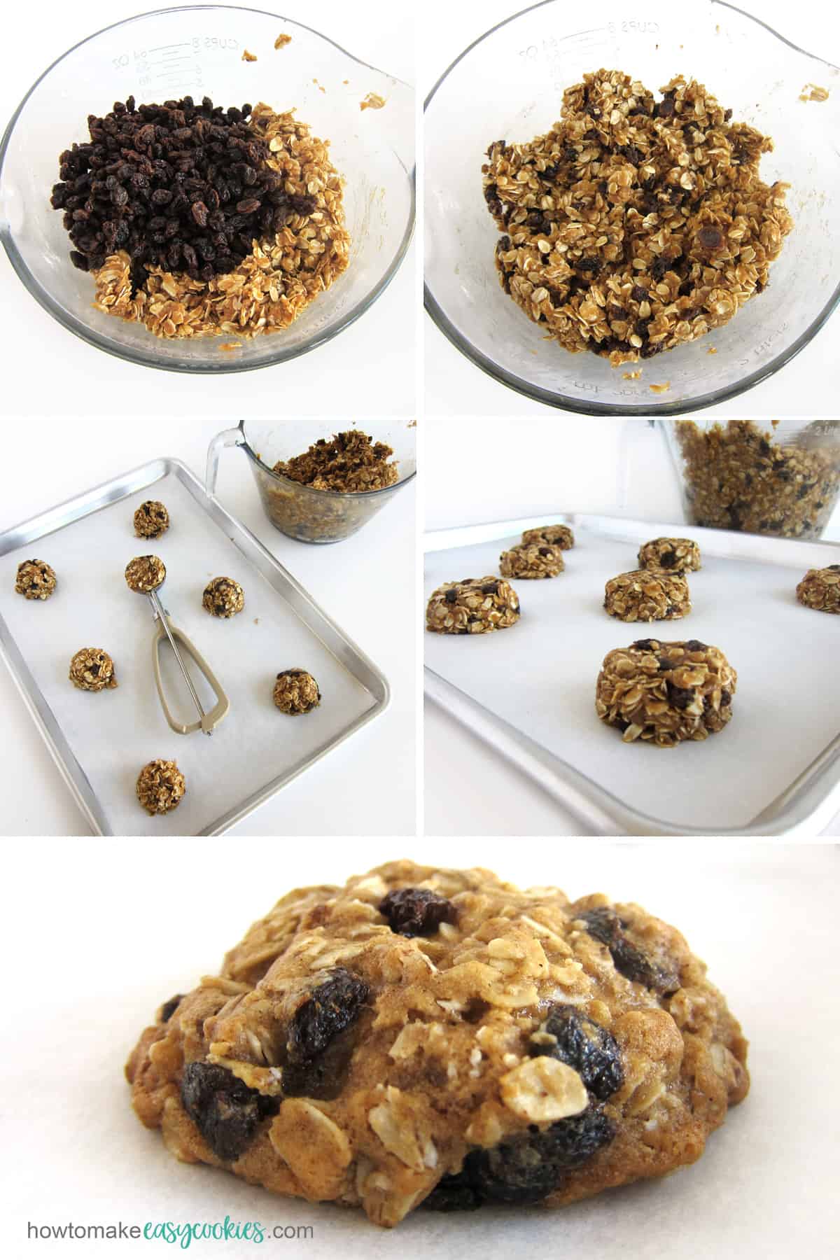 stir raisins into oatmeal cookie dough then scoop the dough onto parchment paper-lined cookies sheets, flatten, and bake