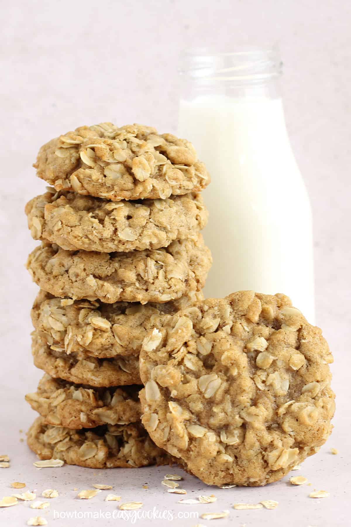Soft and chewy oatmeal cookies served with cold milk.