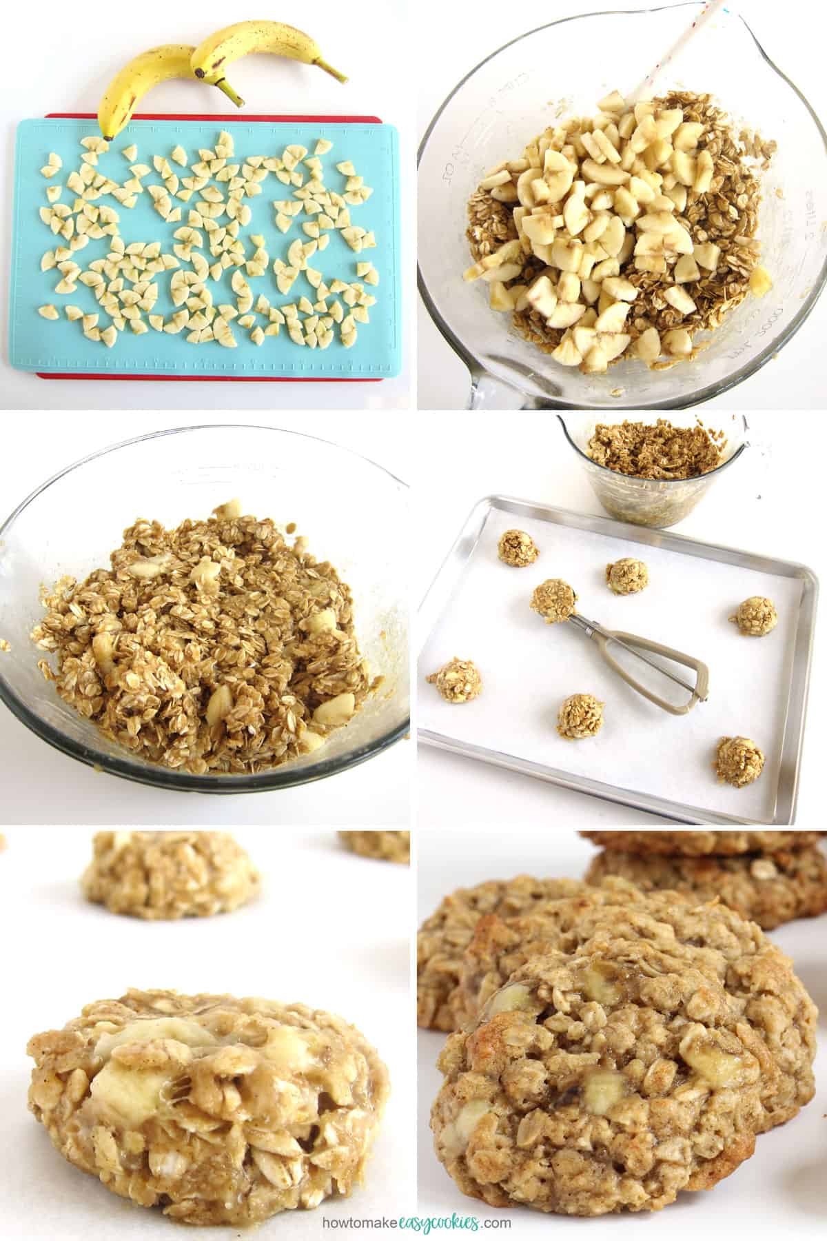 cut bananas into small pieces, then mix into the oatmeal cookie dough, scoop, and bake