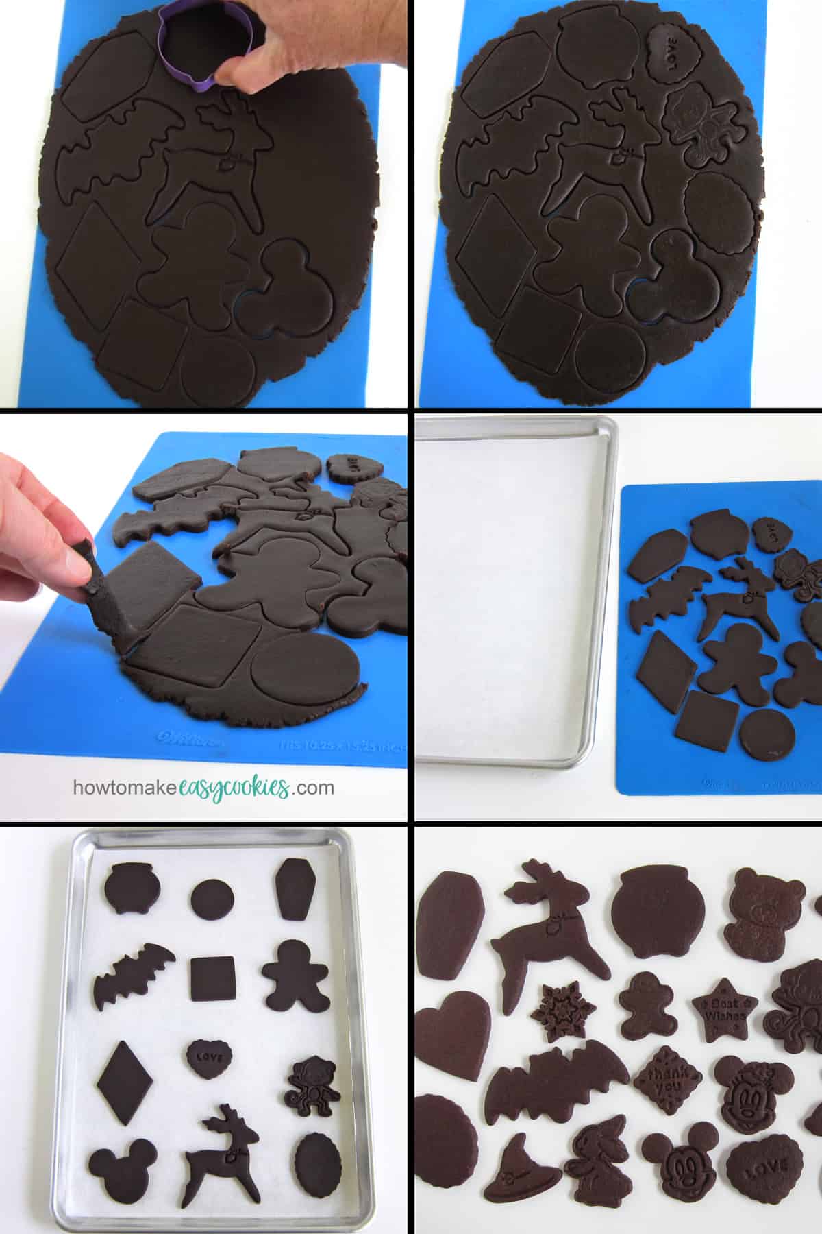 cut out chocolate cookie dough using cookie cutters, then bake on cookie sheets