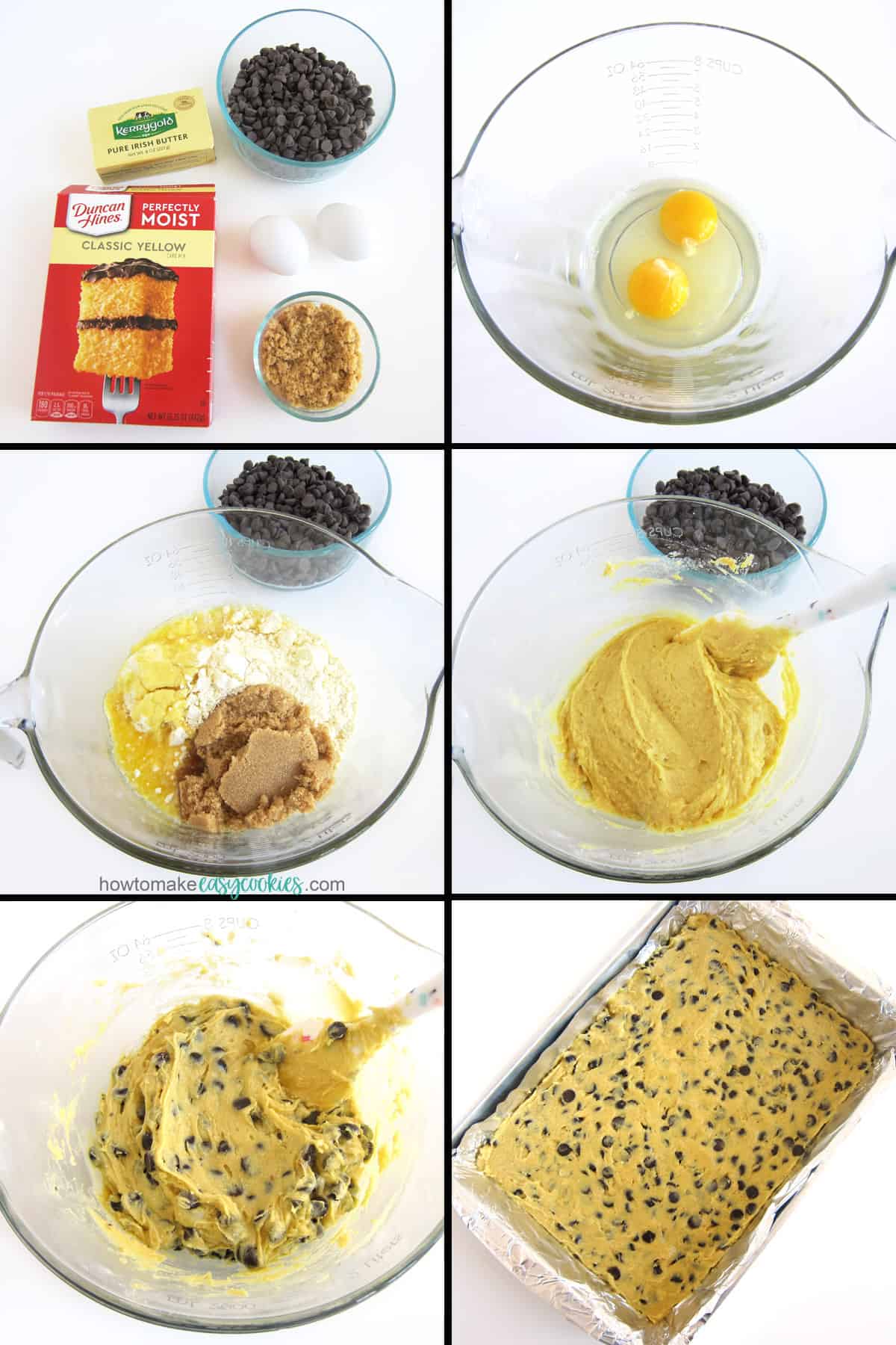 make Duncan Hines yellow cake mix chocolate chip cookie bars by mixing eggs, melted butter, and brown sugar, and chocolate chips with the cake mix