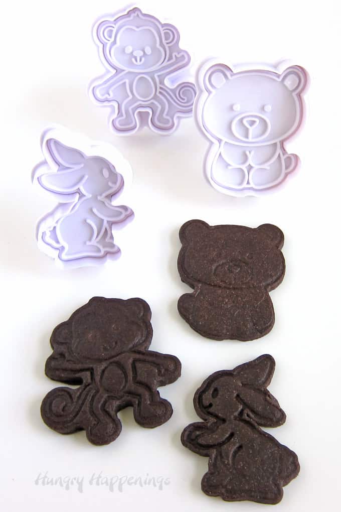 chocolate cookies cut out using animal plunger cutters