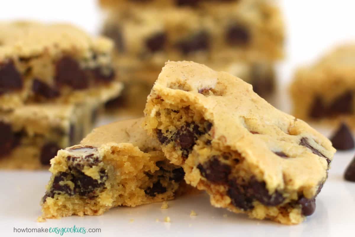 soft and chewy cake mix chocolate chip cookie bars made with yellow cake mix