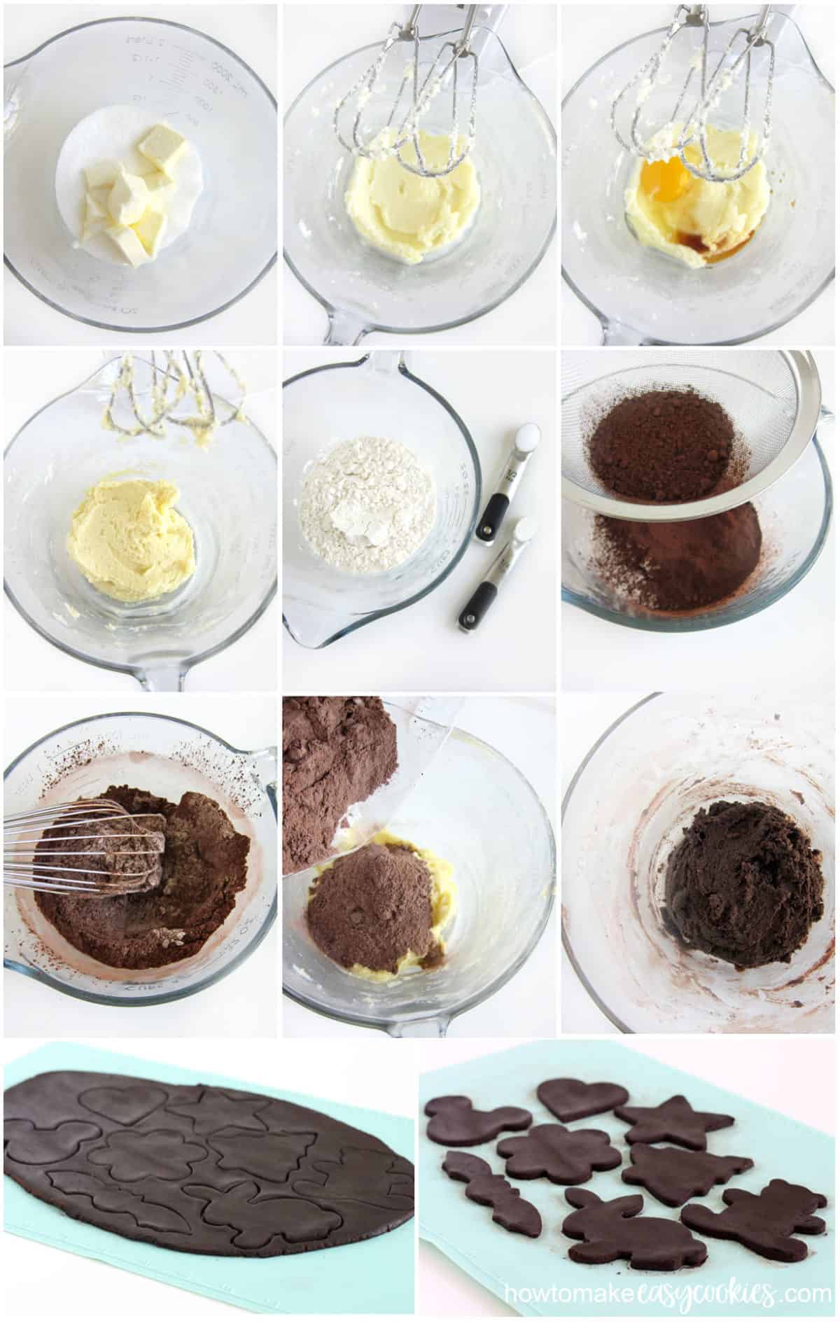 Beat butter and sugar, add egg and vanilla, then stir in flour, baking powder, salt, and cocoa powder to make chocolate cut-out cookie dough.