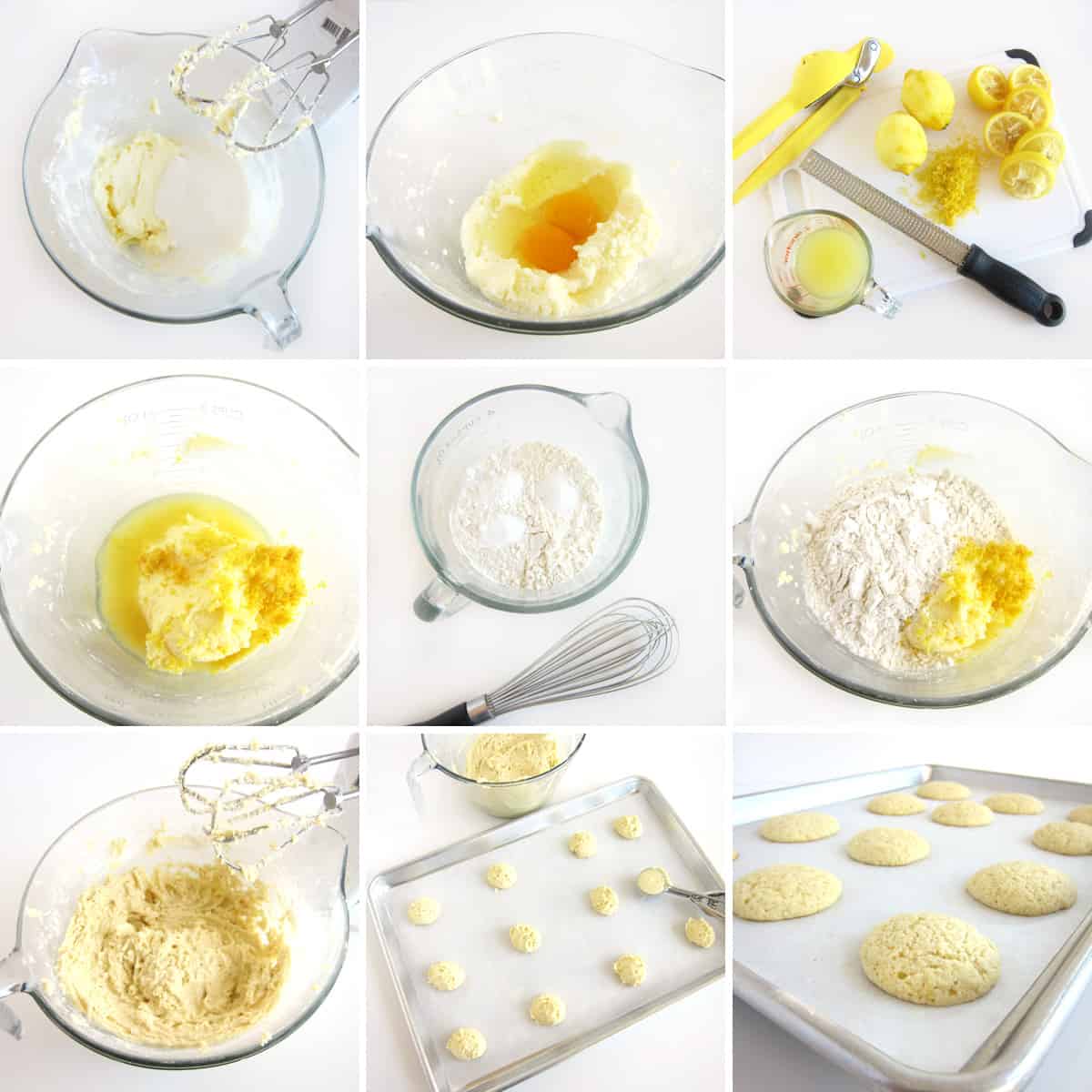 Make lemon cookies by mixing butter, sugar, eggs. lemon juice, lemon zest, flour, salt, baking soda, and baking powder together.