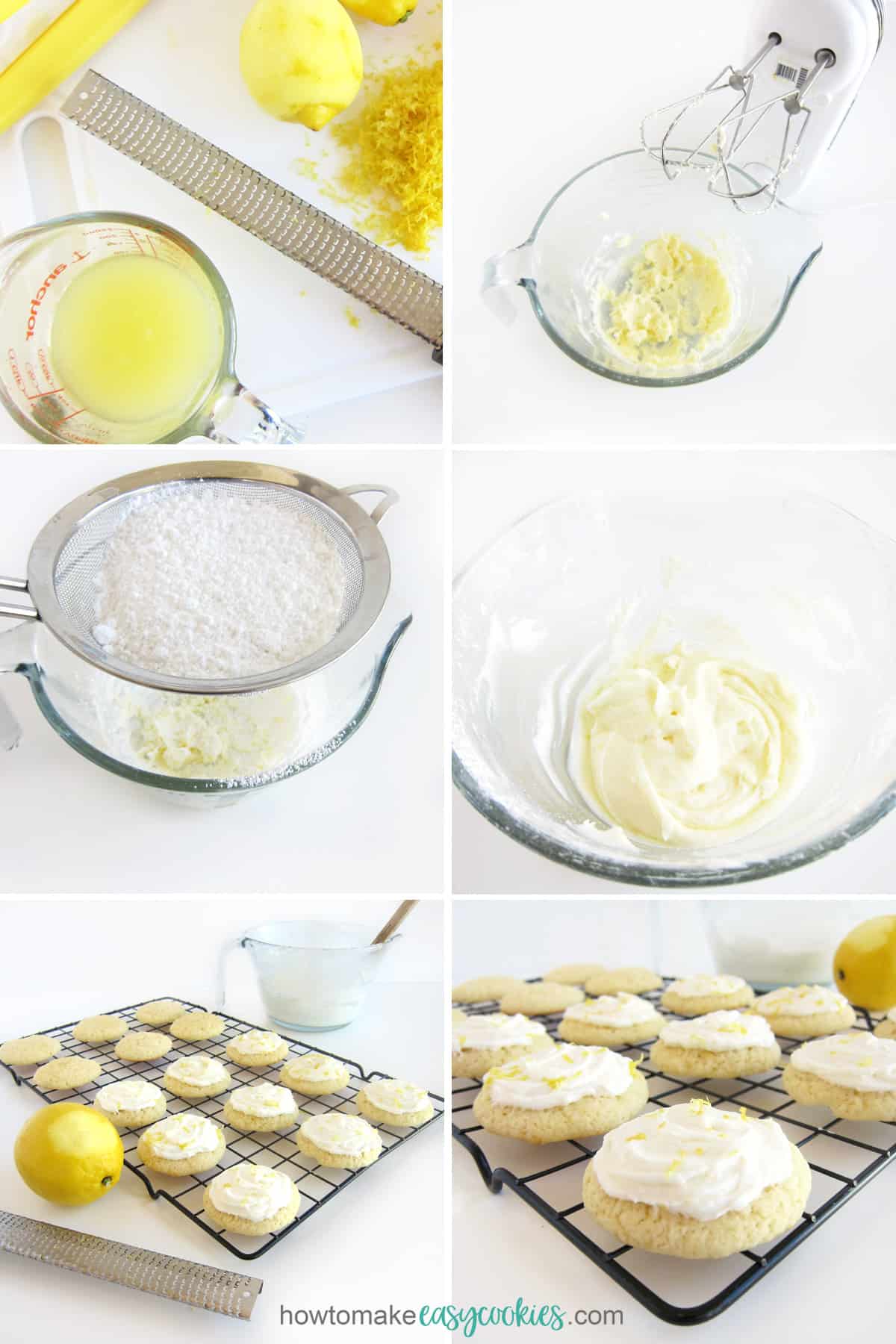 Make lemon icing by mixing butter, powdered sugar, lemon juice, and lemon zest together. Then frost the lemon cookies.