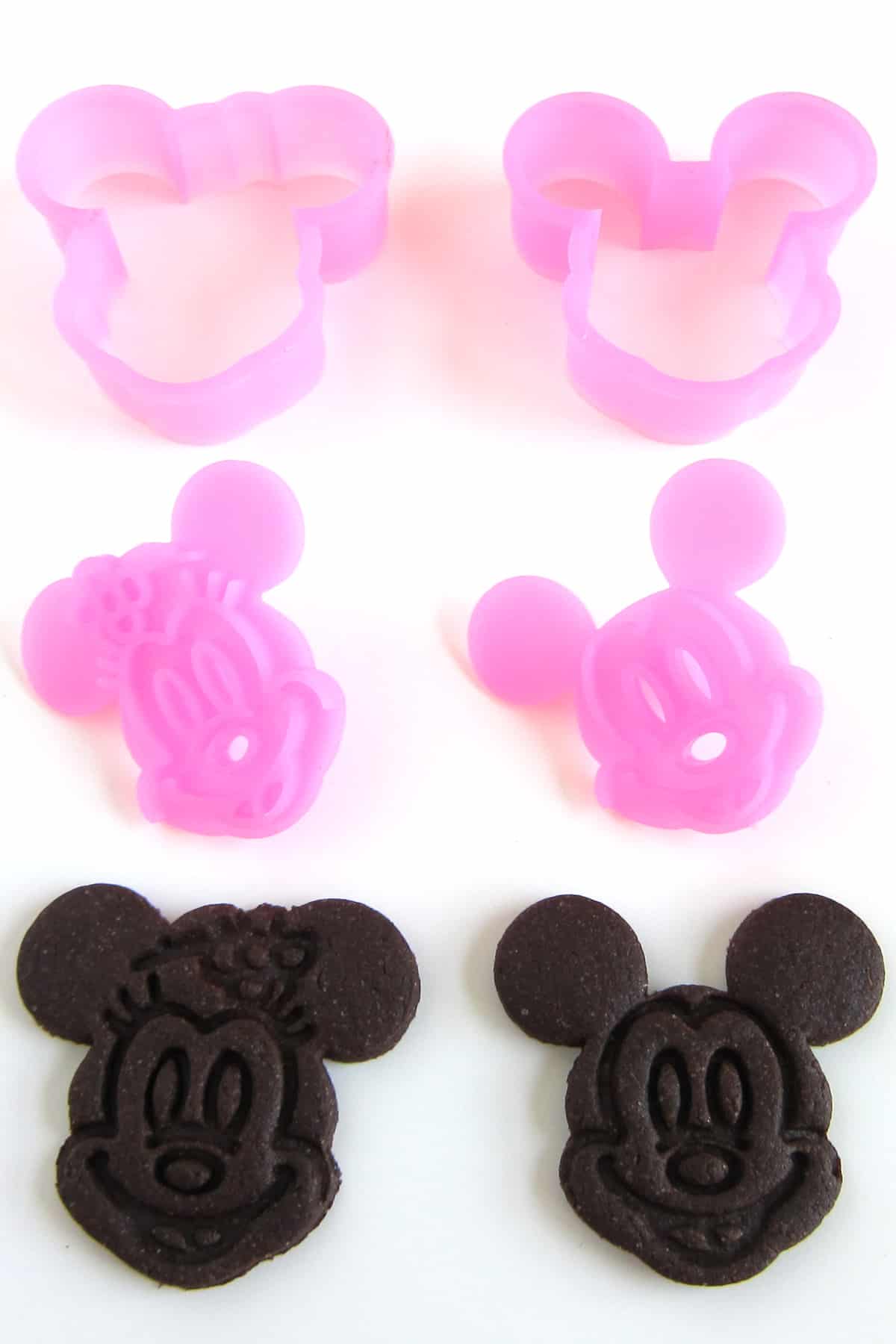 Minnie Mouse Cookies and Mickey Mouse Cookies made using 2-piece cookie cutters with stamps
