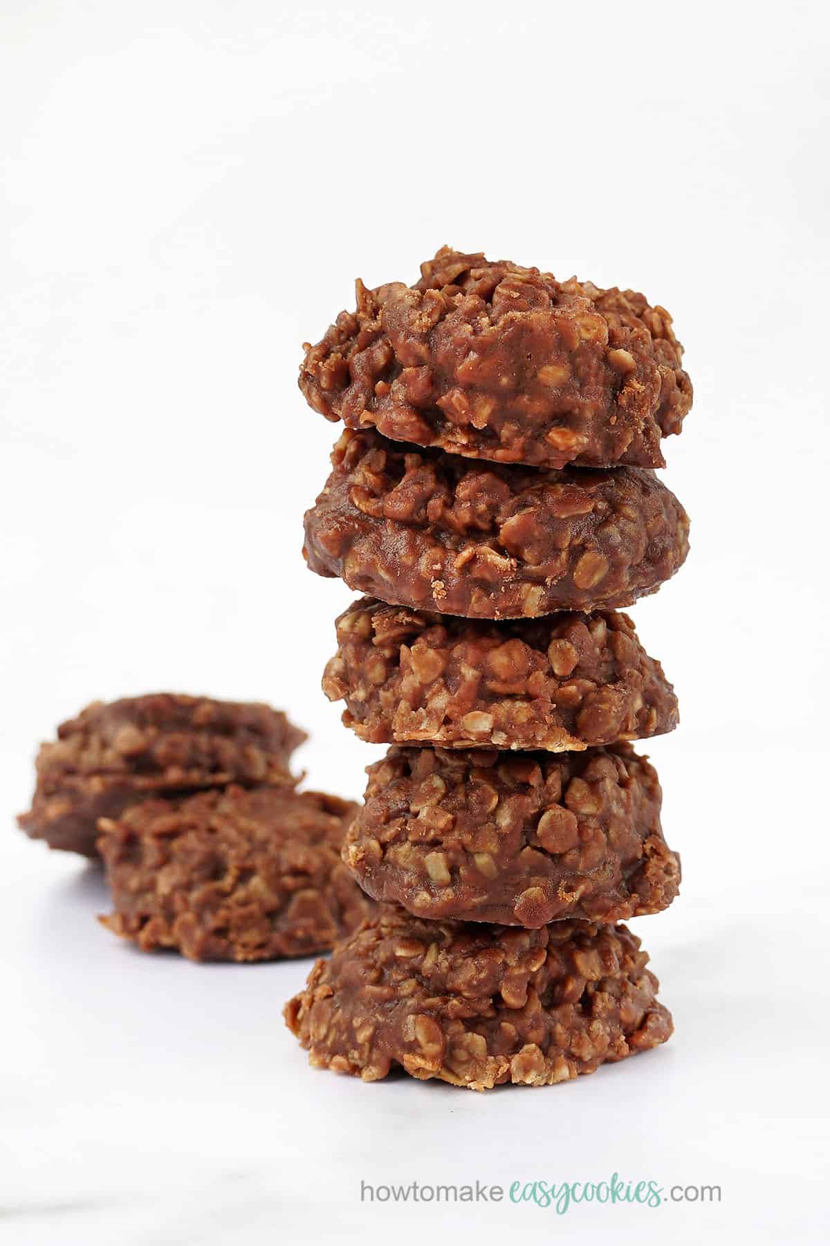 stack of no-bake cookies with chocolate, peanut butter, and oatmeal 
