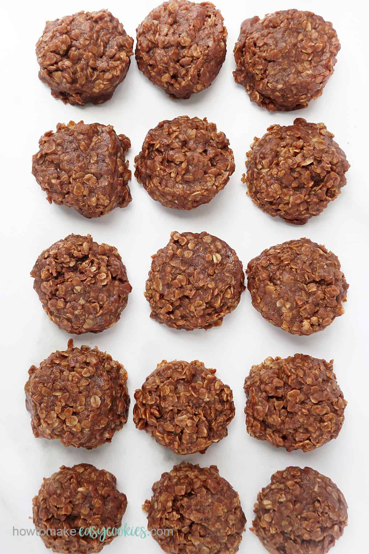 Overhead view of no bake cookies in rows, EASY oatmeal no bake cookies 
