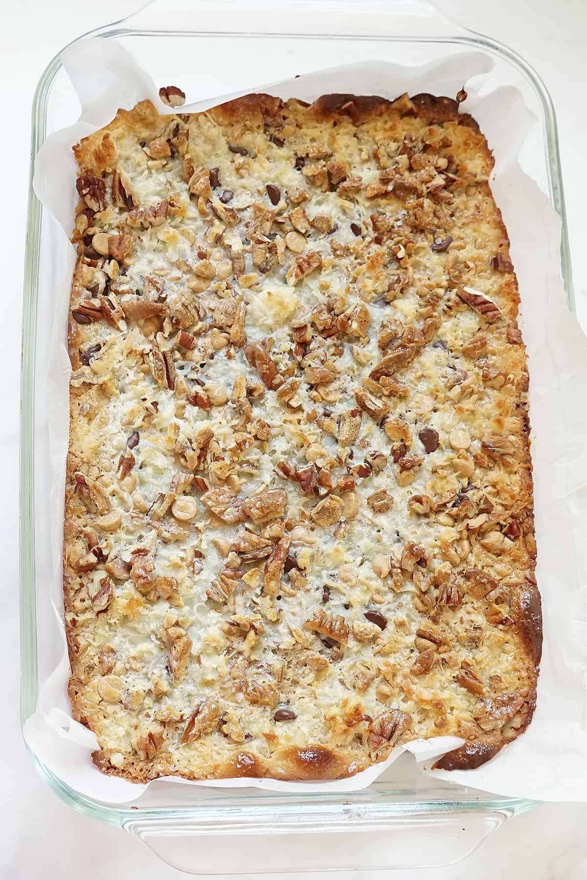 baked 7 layer bars in baking dish 