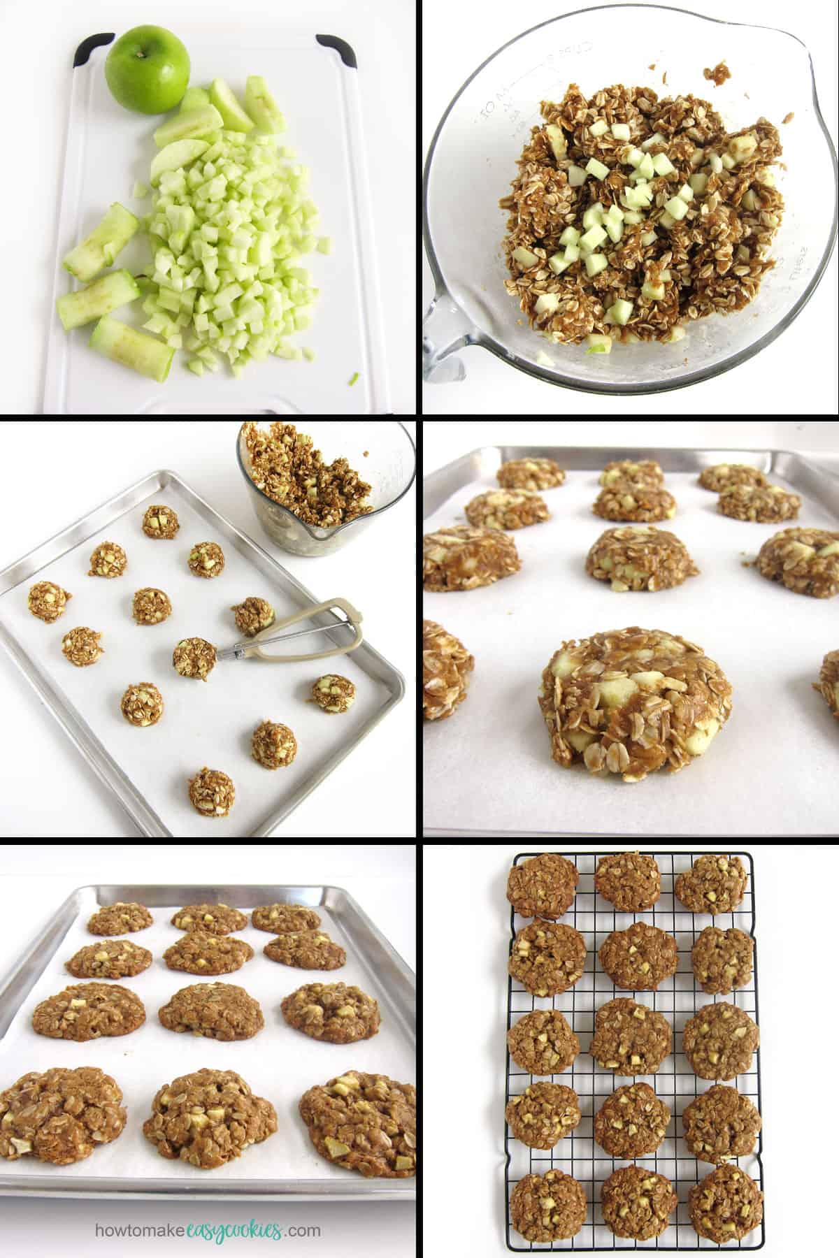 Mix diced Granny Smith apples into oatmeal cookie dough, then scoop out onto baking sheets, bake and cool.