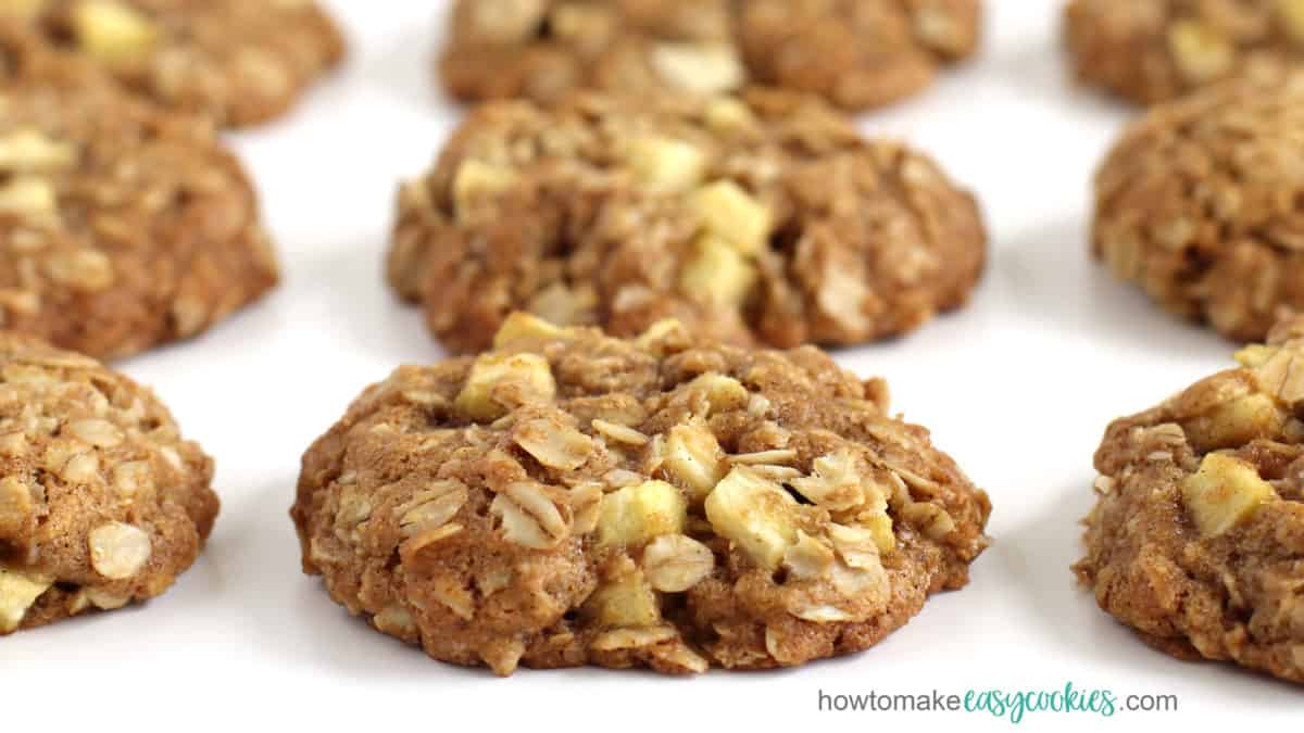 Soft and chewy oatmeal cookies filled with cinnamon apples.