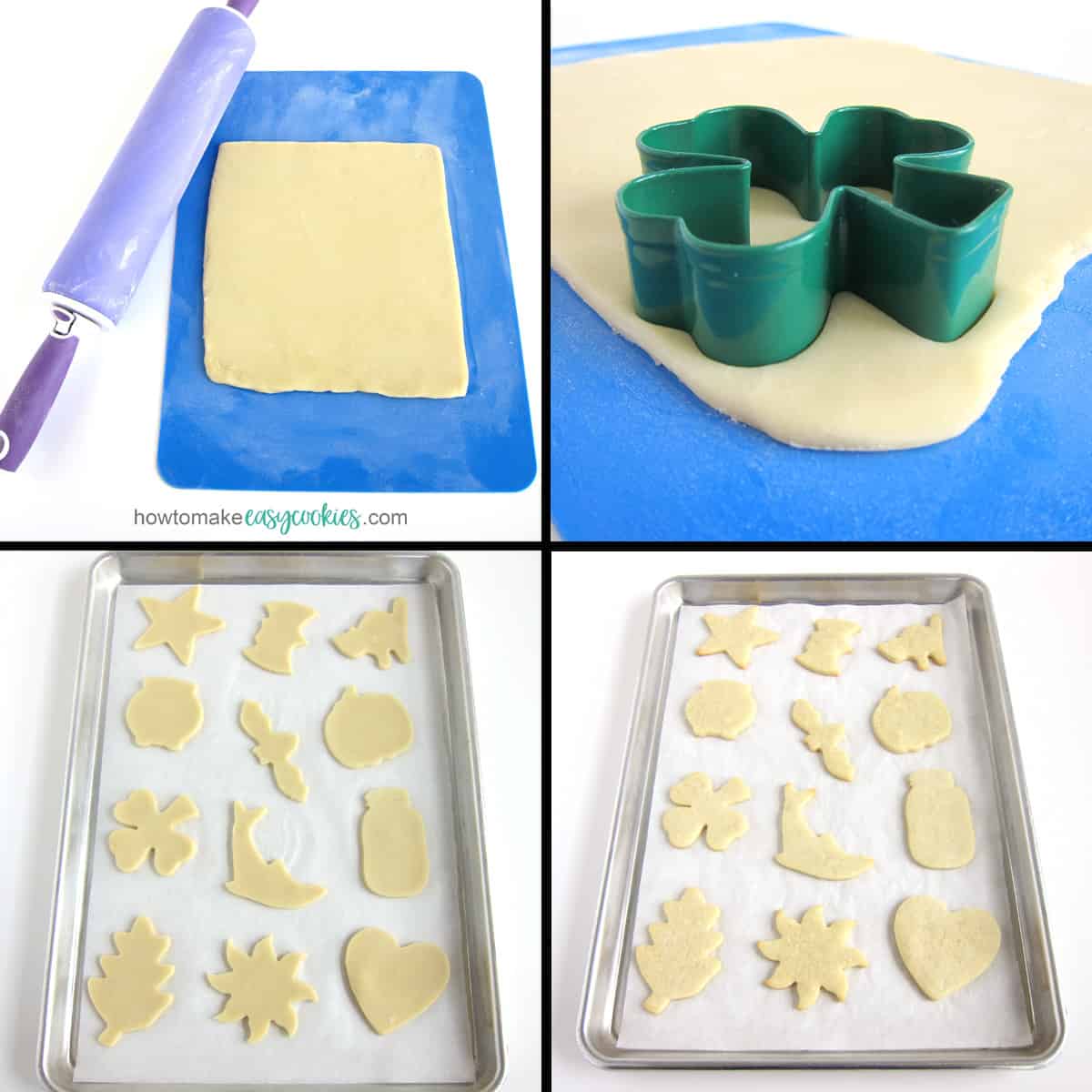 cut out cookie dough using assorted cookie cutters