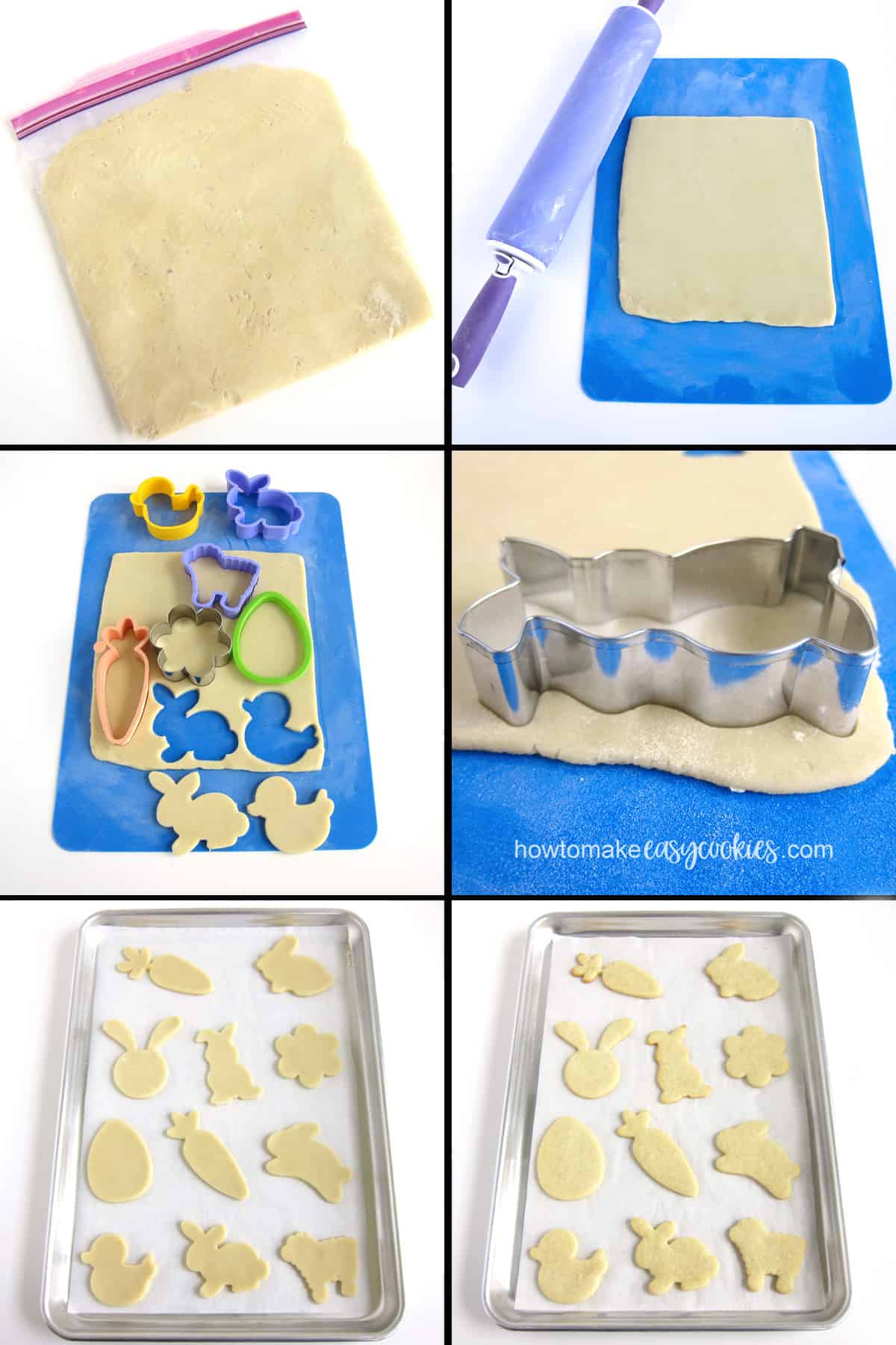 cut out cream cheese sugar cookie dough using Easter cookie cutters