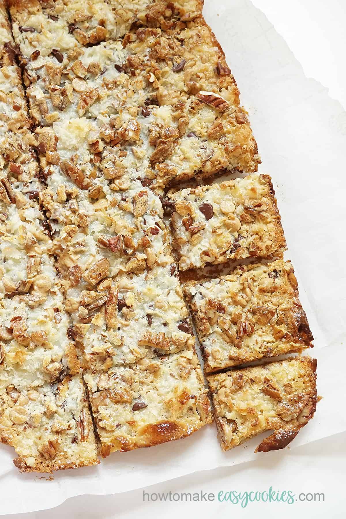 seven layer magic cookie bars in baking dish 