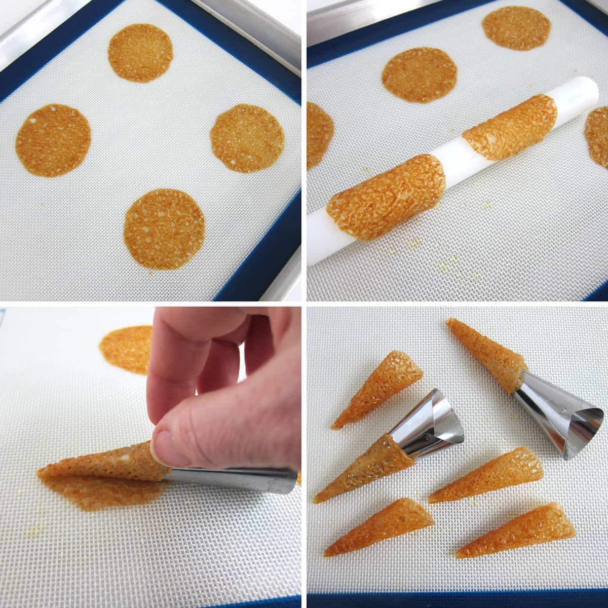 shaping thin orange tuile cookies around a metal cream horn form and around a rolling pin