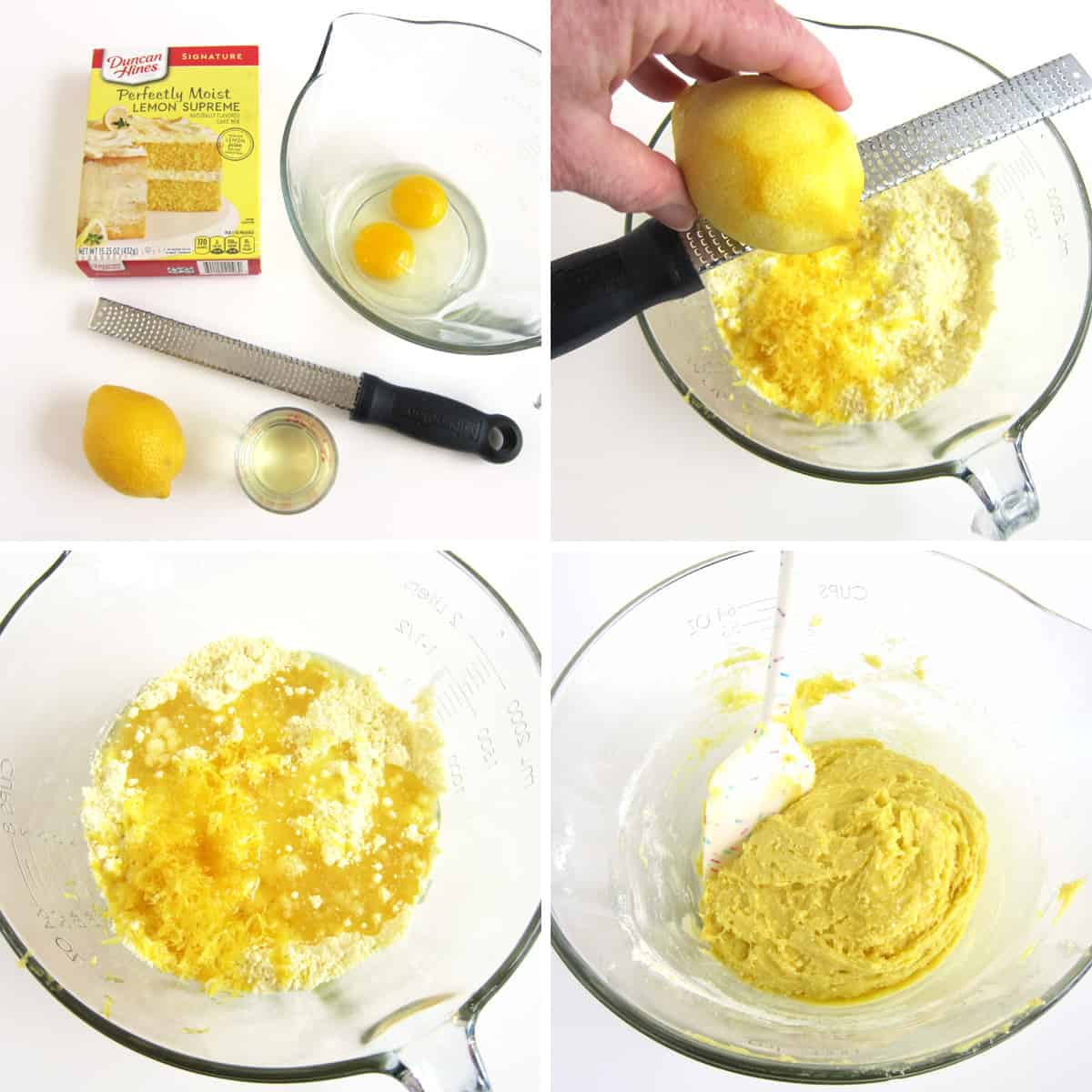 make lemon cake mix cookie dough with lemon juice, lemon zest, oil, and eggs