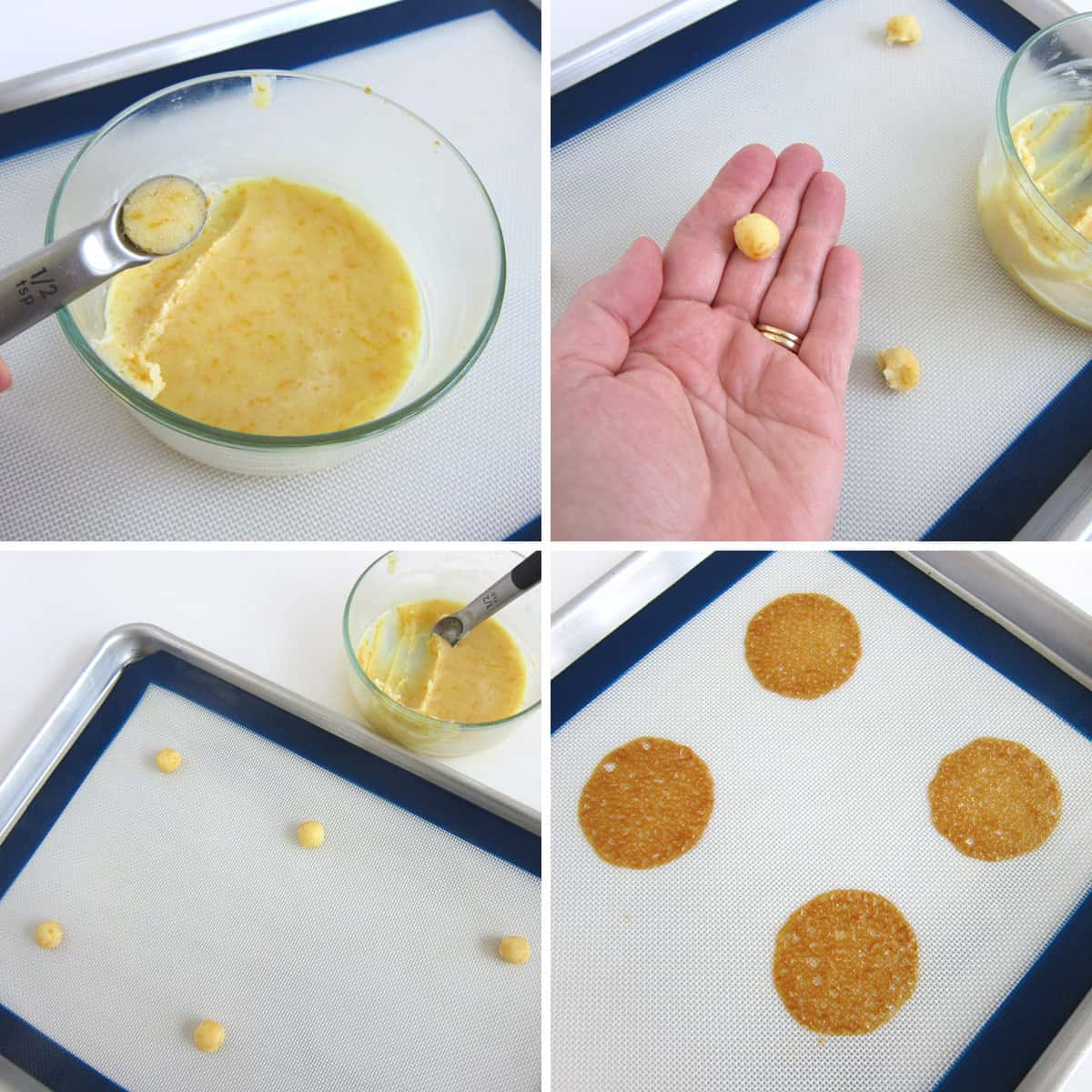 scoop and roll and orange tuile cookie onto a silicone mat then bake until flattened